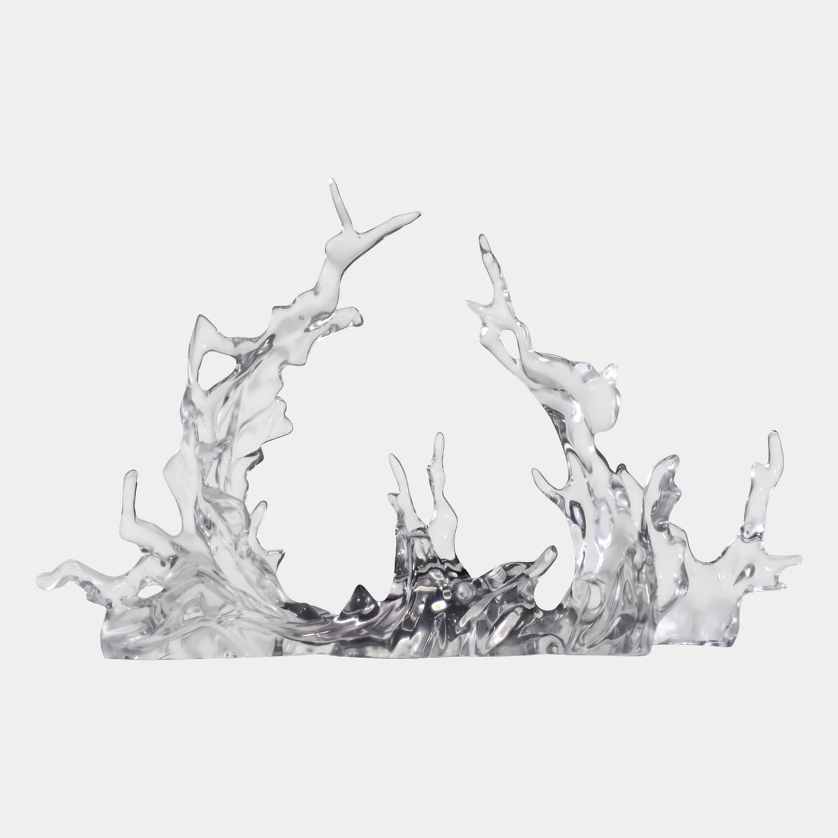 Clear High Clarity Twin Crest Resin Sculpture, 110cm, by Giant Sculptures, two uneven wave crests rising from a low spray trough, on a plain white background.