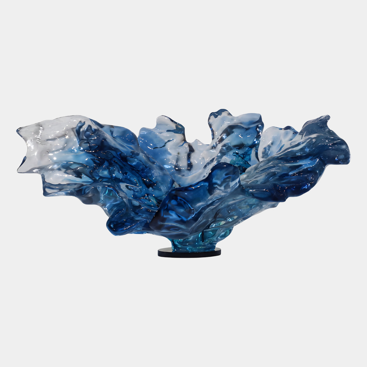 Blue Opening Bowl Wave Cast Resin Sculpture, 80cm, with crumpled wing-like rim fading from deep blue to clear, on a round black stand against a plain white background.