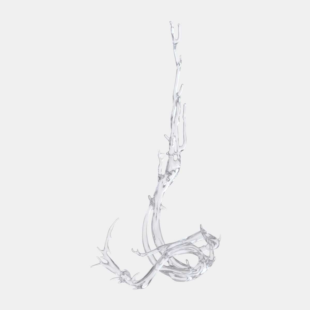 Clear Branching Spray Column Resin Sculpture - 224cm, a tall branching clear resin form rising from a coiled base, shown against a plain light grey background.