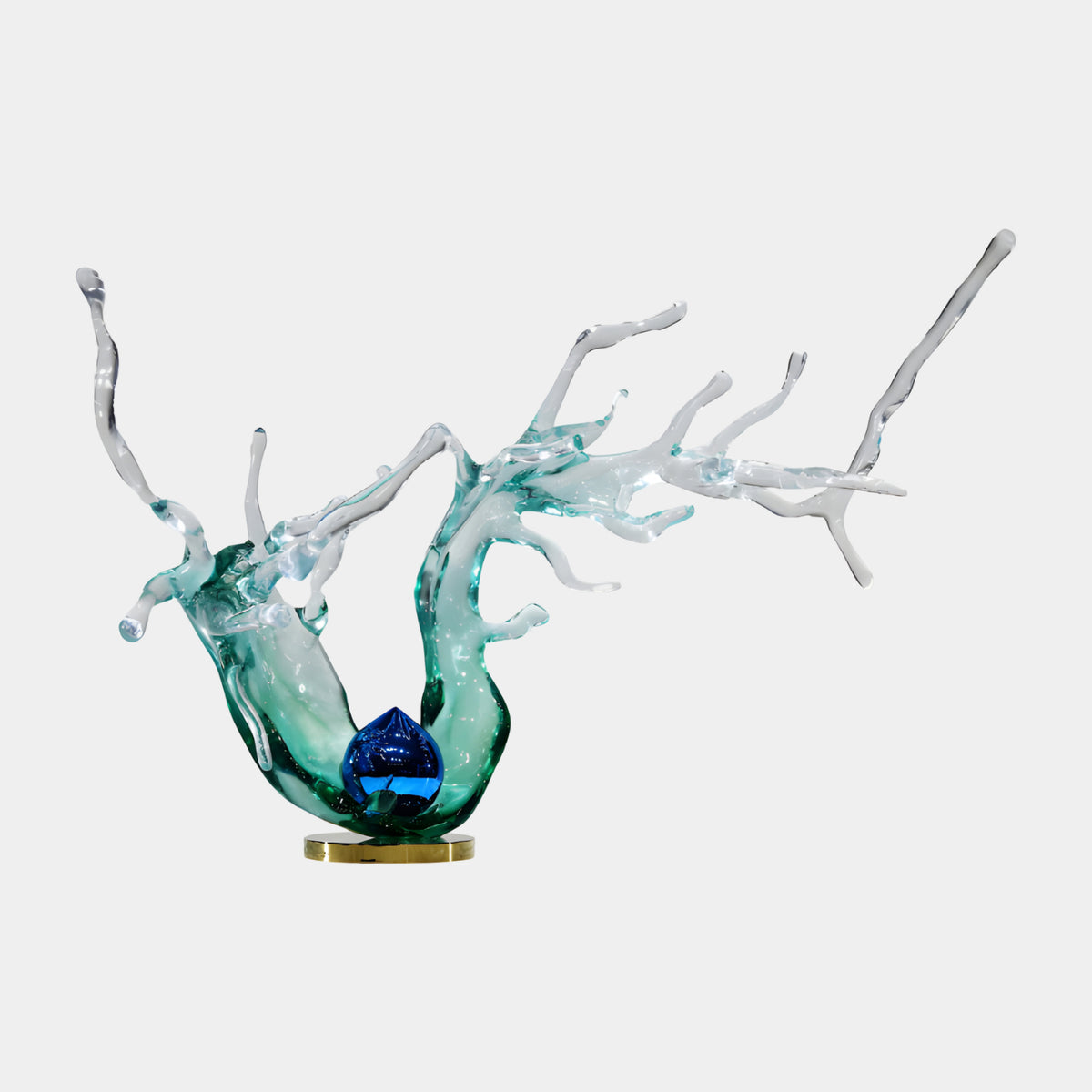 Sea Green Branching Splash & Blue Drop Resin Sculpture, 110cm, V-shaped branching wave form with sea green base fading to clear fingers and a blue drop center, on a gold disc stand against a plain white background.