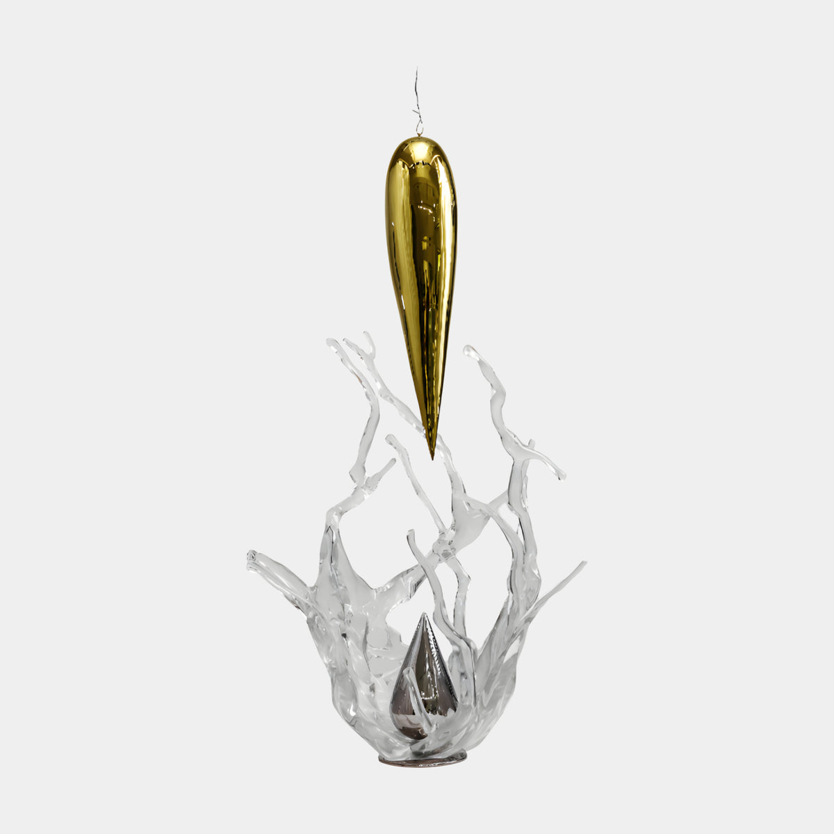 Clear & Gold Mirror Drop Splash Resin Sculpture, 120cm, with a mirror-polished gold drop suspended above clear resin wave tendrils and a small silver drop at the base, on a plain white background.