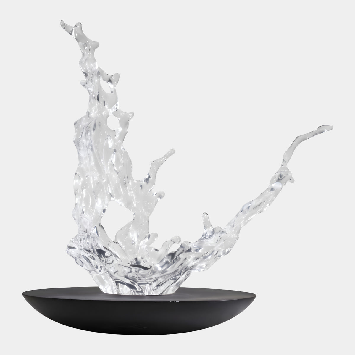Clear Splash in a Round Black Dish Resin Sculpture - 90cm, a colourless wave form rising from a shallow black dish, shown on a plain white background.