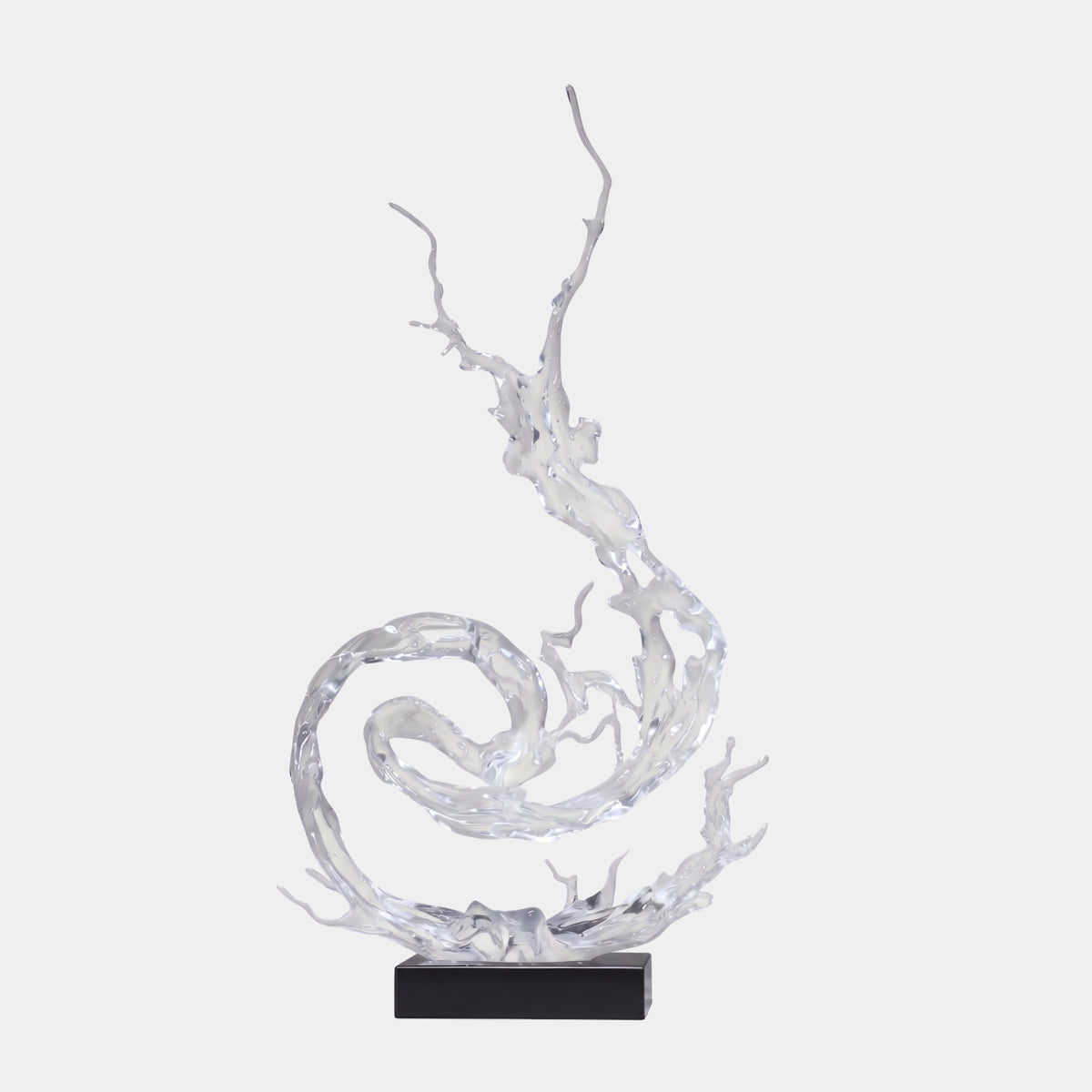 Clear Looped Splash & Spire Resin Sculpture, 104cm, coiling into a spiral with a twisting spire above, on a black marble base, plain white background.