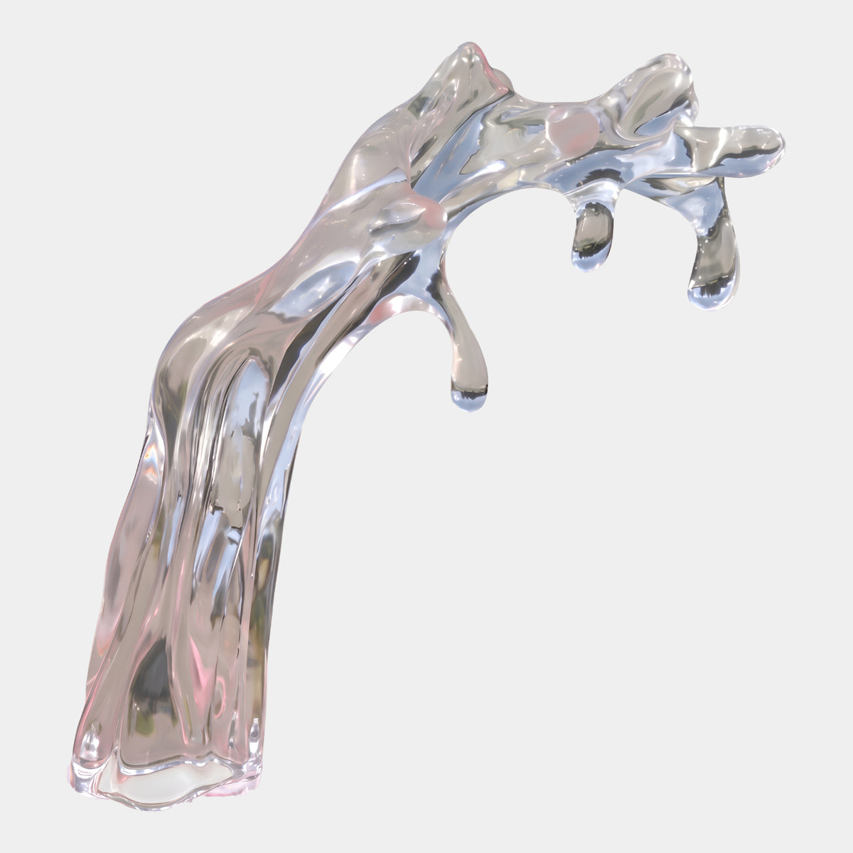 Clear Arching Water & Droplets Resin Sculpture - 95cm, showing a ribbed base rising into a curved arch with three hanging drops, on a plain white background.