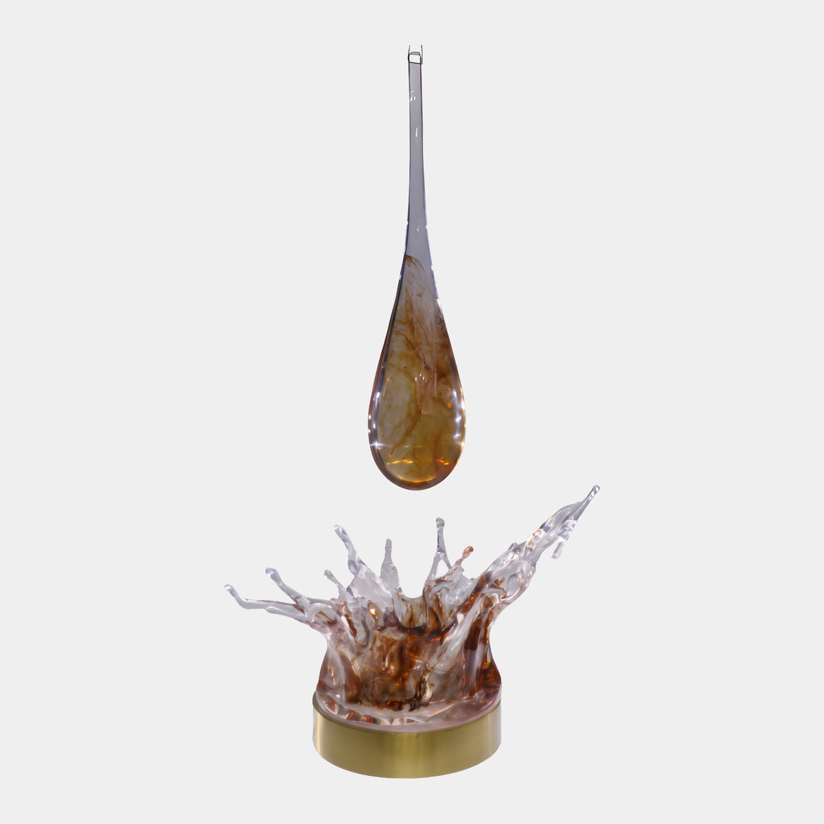 Clear & Amber Falling Drop Crown Splash Resin Sculpture, 146cm, a suspended teardrop with amber swirls above a spiked splash on a gold base, light background.