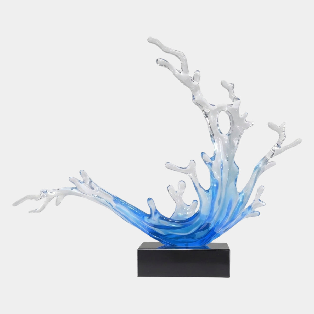 Blue Sideways Branching Wave Resin Sculpture - 66cm, clear and blue resin wave with branching, antler-like tips on a black base, set against a plain white background.