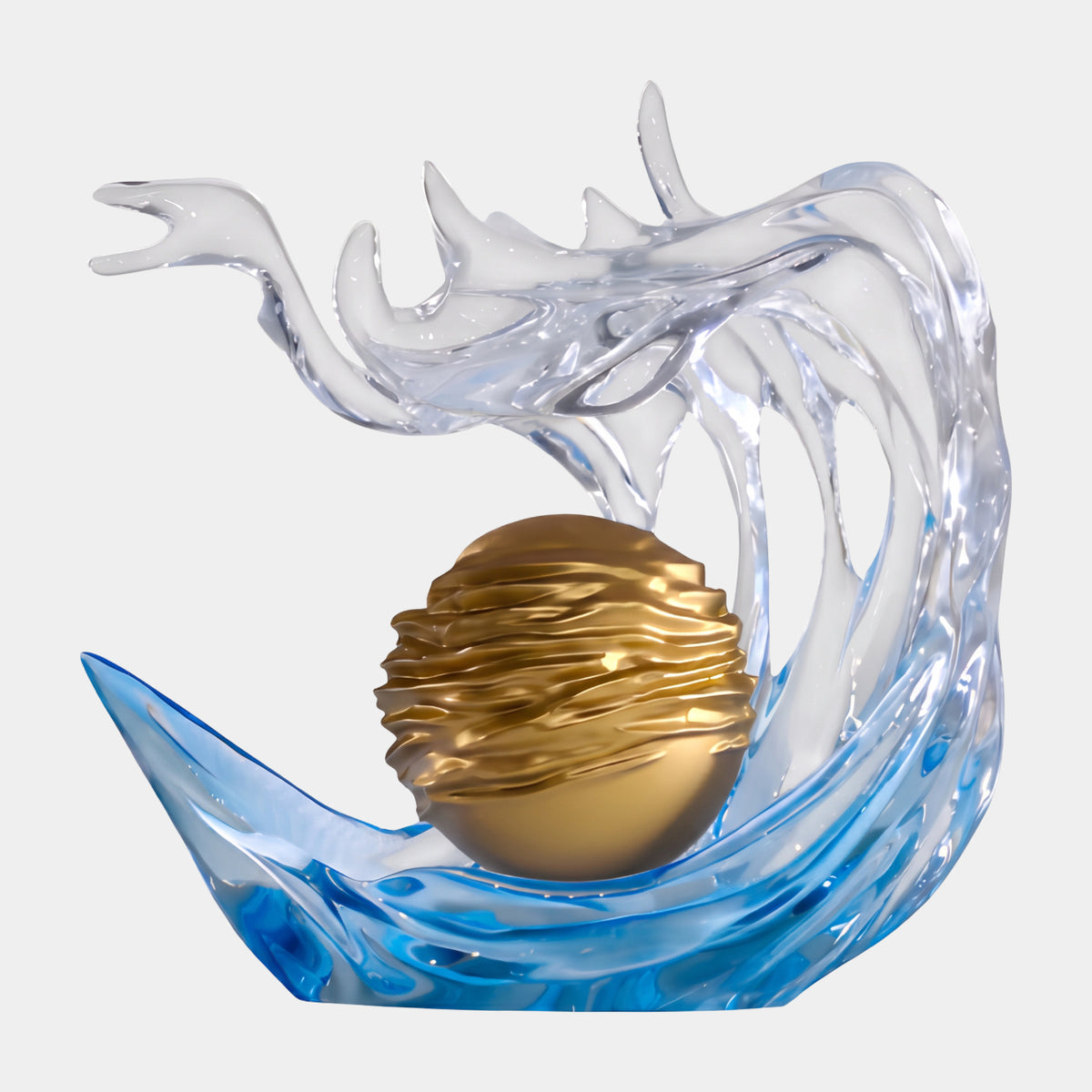 Clear Wave & Gilt Sphere Cast Resin Sculpture, 40cm, with a clear forked wave arching over a ridged gold sphere in a blue trough, on a plain white background.