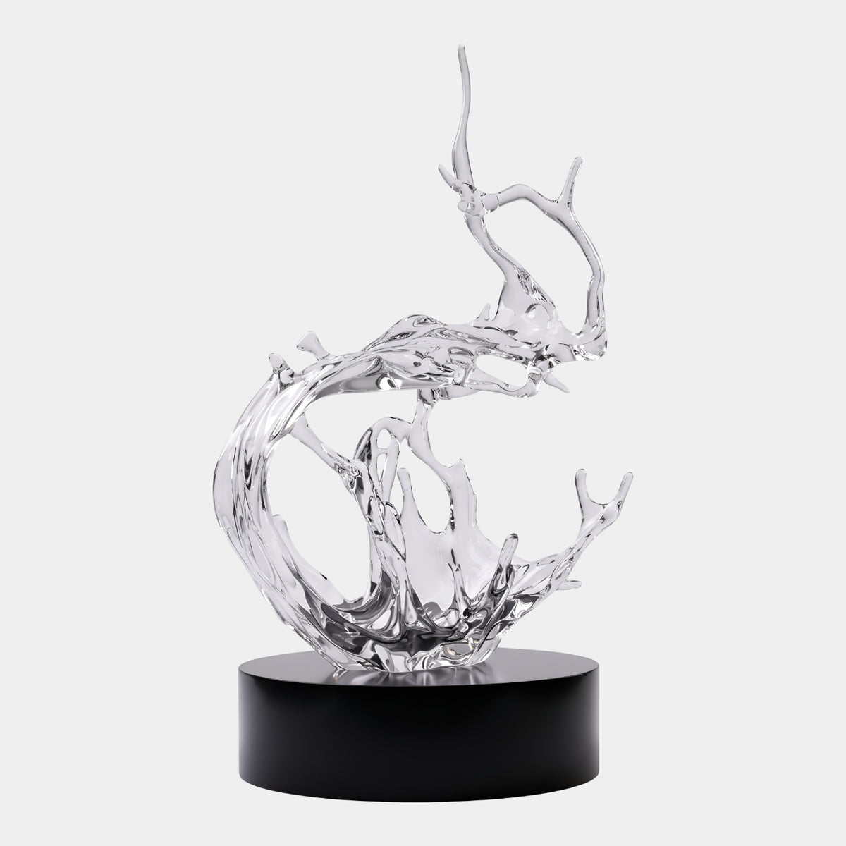 Clear Tapering Tall Splash Resin Sculpture, 155cm, with wave-like curving arms and antler-like forks on a black round base, plain light background.