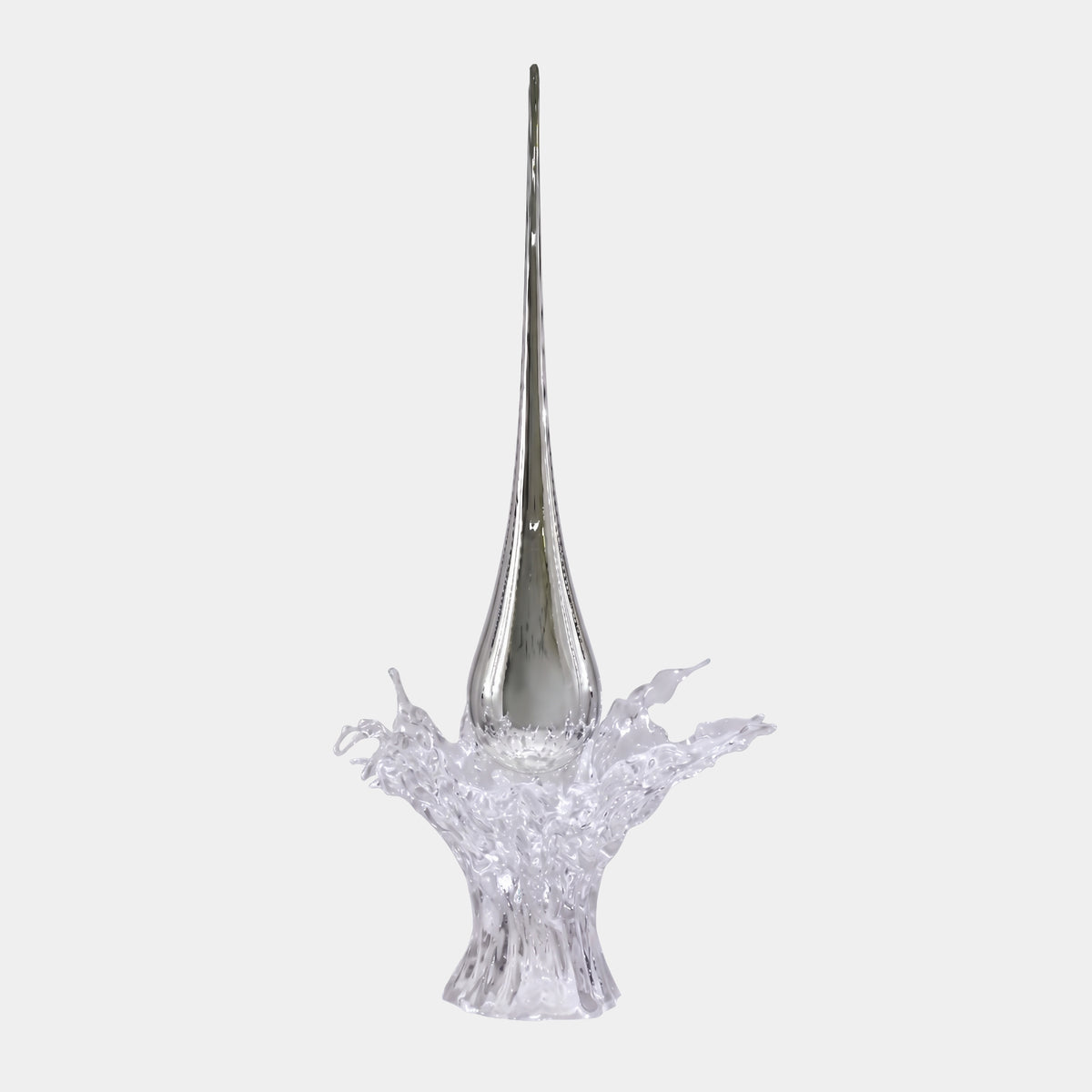 Clear Fluted Column Splash Resin Sculpture - 130cm, a tall tapered clear resin form rising from a flared, rippling splash base, set against a plain white background.
