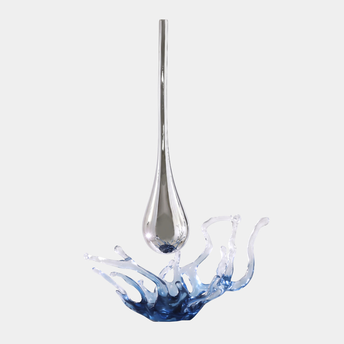 Silver & Blue Falling Drop Splash Resin Sculpture Set of Two - 120cm, a mirror-silver teardrop suspended above a blue-to-clear resin splash, shown on a plain white background.