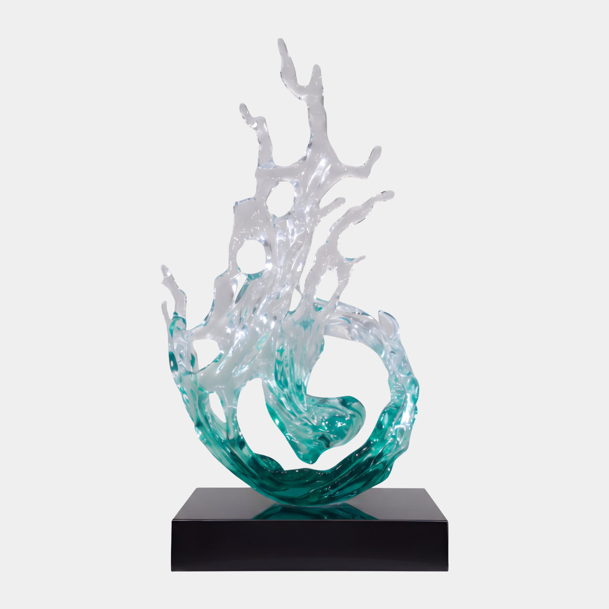 Sea Green Curl & Branching Spray Resin Sculpture, 110cm, with a green curled base rising into clear branching spires, on a black square stand against a white background.