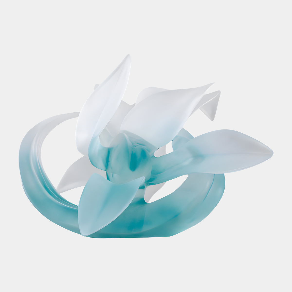 Frosted Aqua Curling Blades Resin Sculpture (91cm) by Giant Sculptures, curling leaf-like blades shading from white to teal, shown on a plain light background.