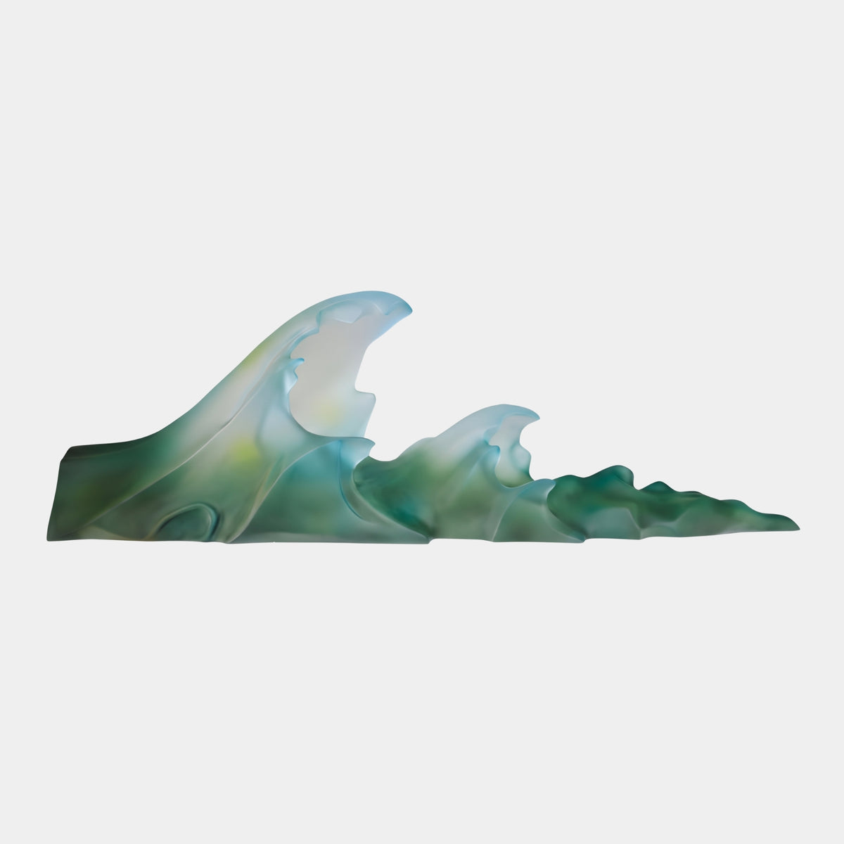 Green Frosted Twin Crest Wave Resin Sculpture (135cm) by Giant Sculptures, showing two breaking crests tapering to a low wave tail, frosted green and pale tones, on a plain white background.