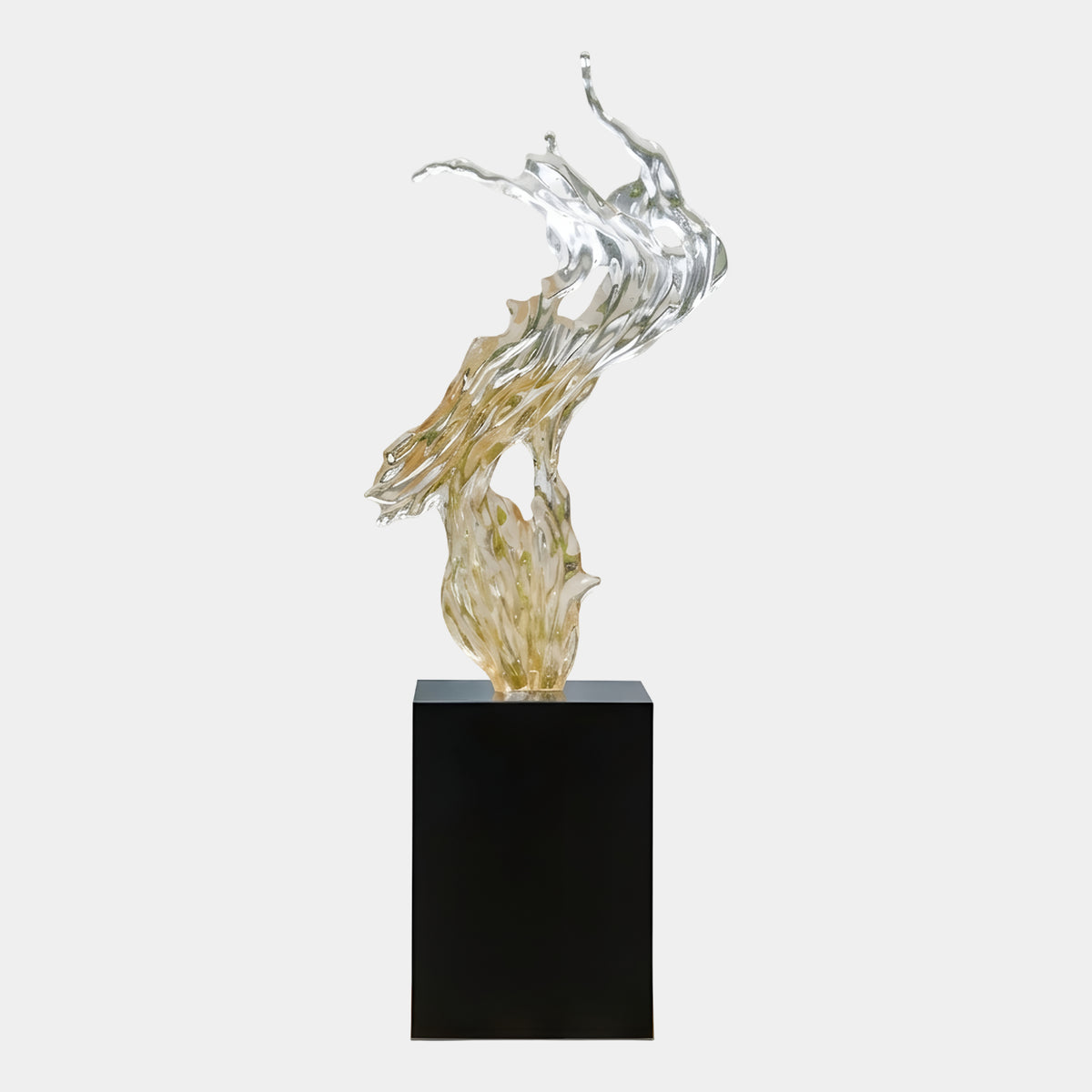Champagne & Clear Splash on Tall Stone Plinth Resin Sculpture, 170cm, wave-form resin piece on black marble plinth, set against a plain white background.