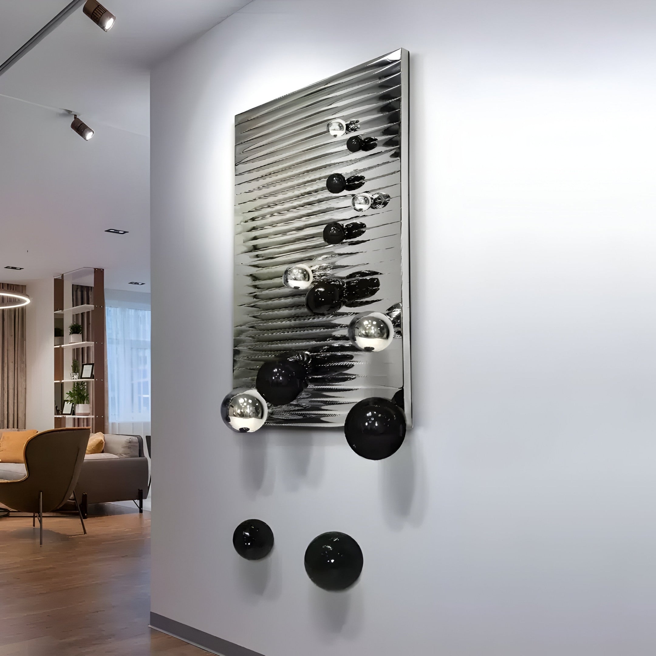 Orbentra Silver 3D Wall Art With Black & Chrome Metal Ball