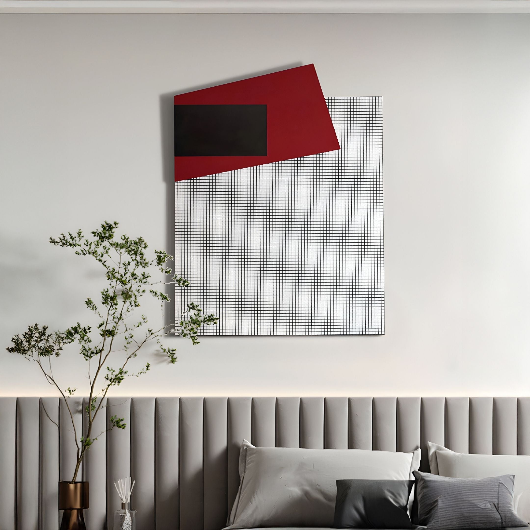 Gridorra Black & Red Leather Grid Panel 3D Wall Art