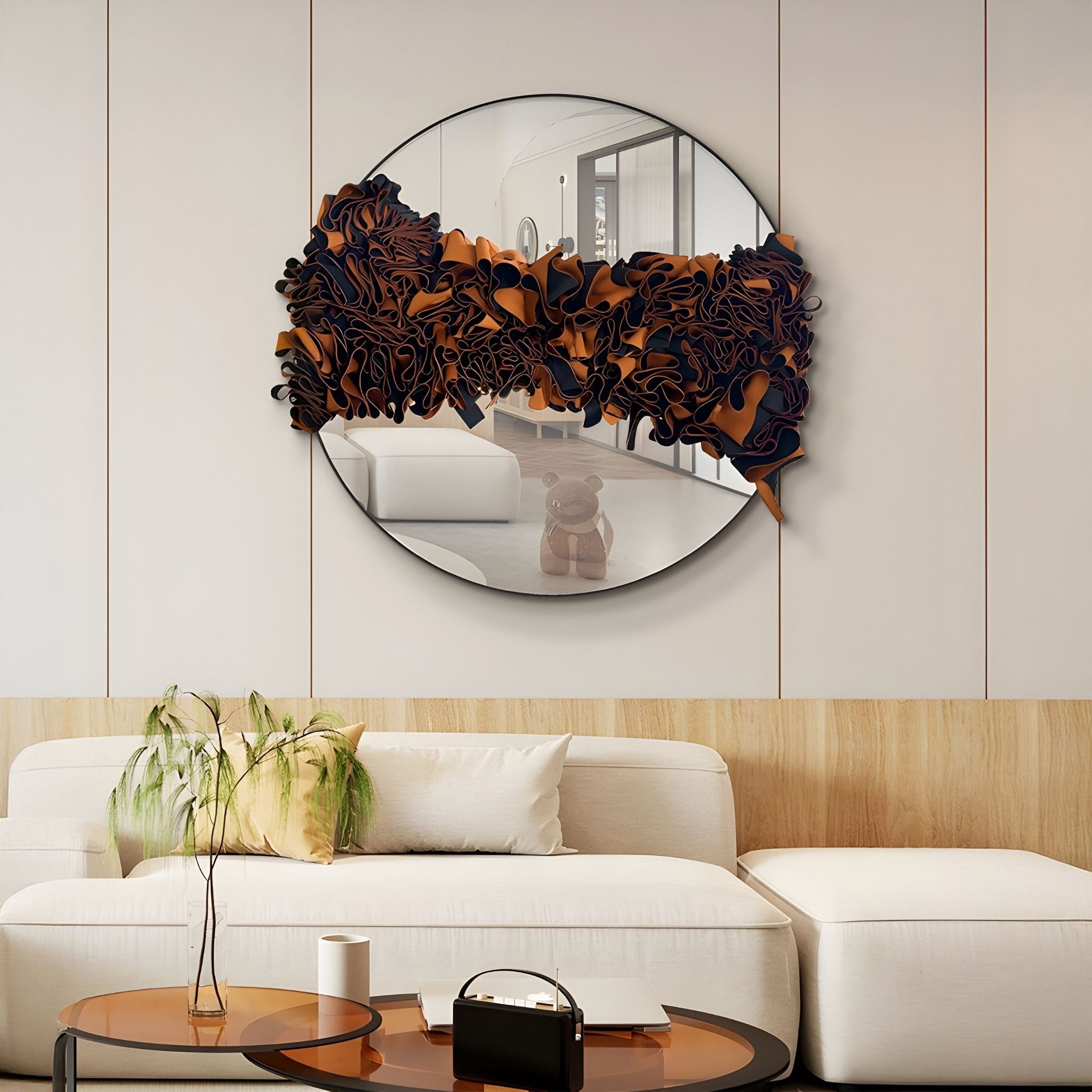 Stravelle Amber & Black Fold Leather Mirror 3D Wall Art