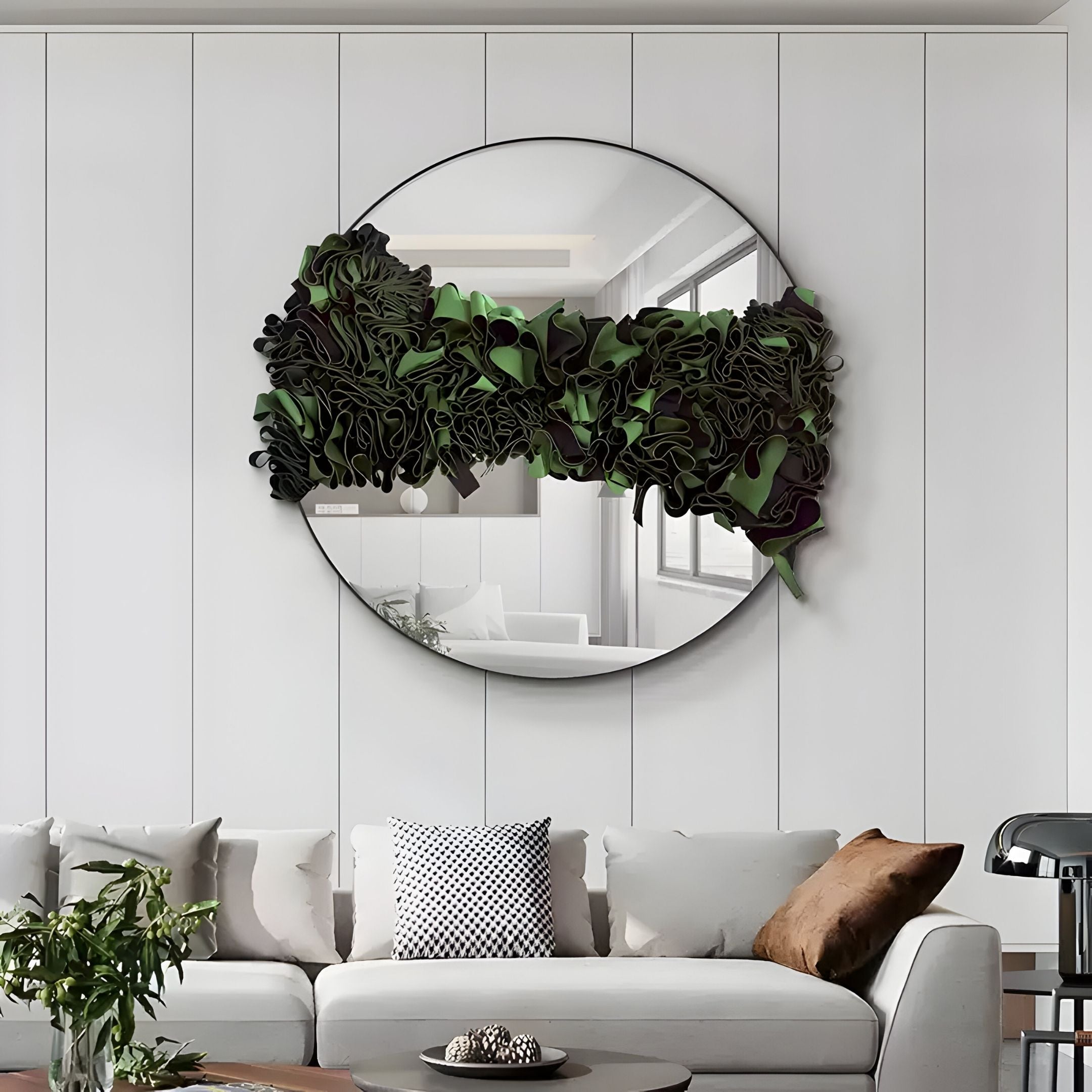 Stravelle Green & Black Fold Leather Mirror 3D Wall Art