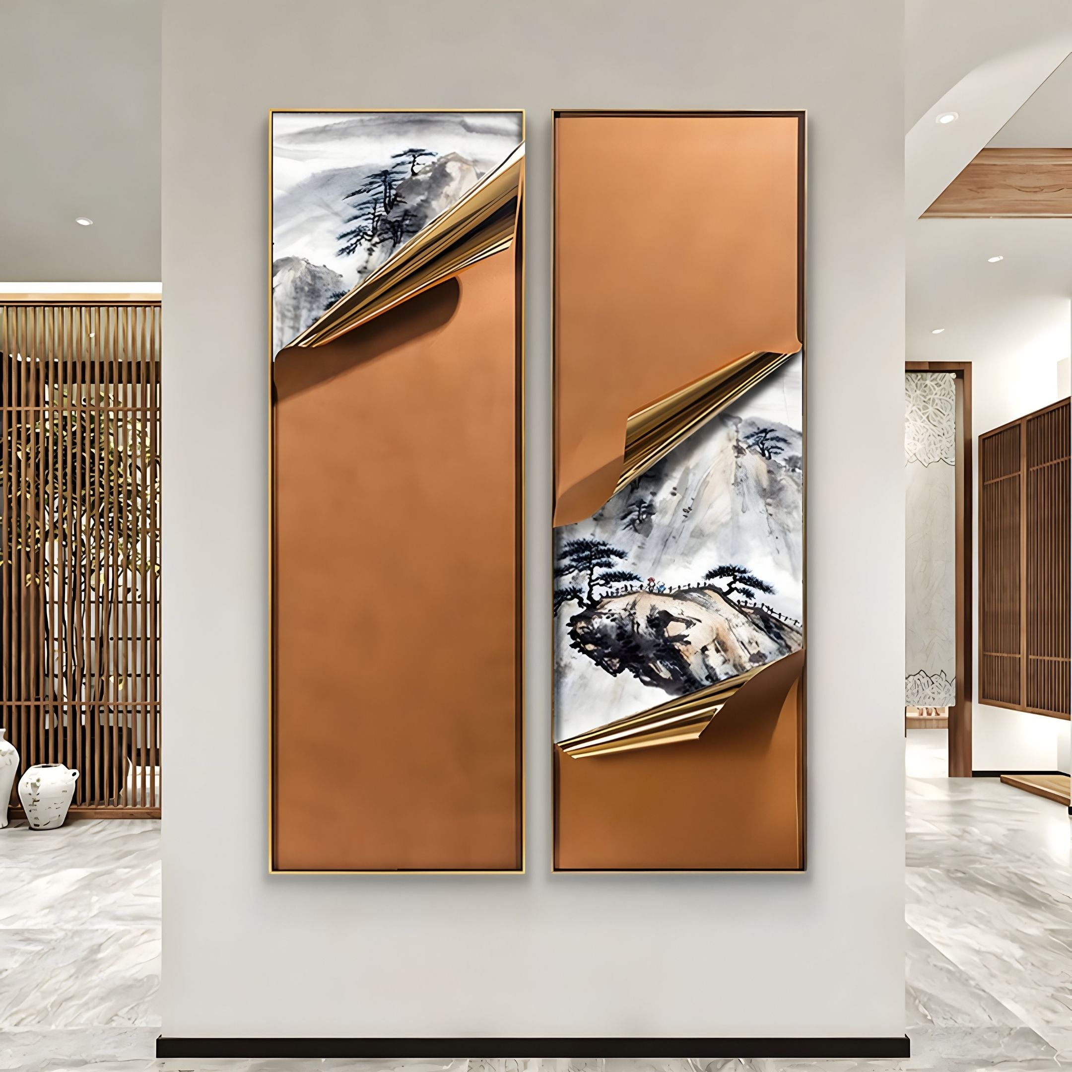 Cuvora 4-Panel Misty Pines Leather 3D Wall Art