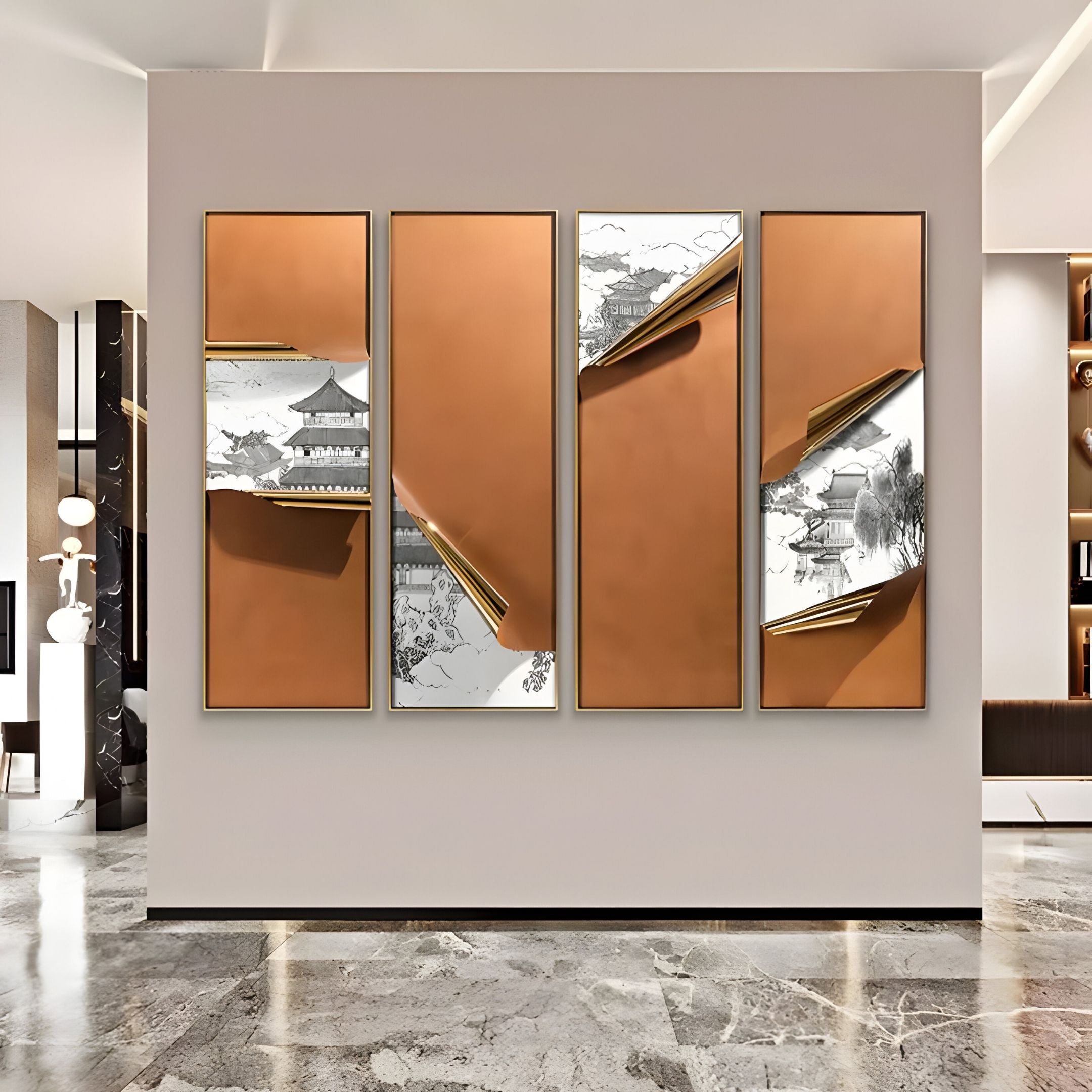 Cuvora 4-Panel Imperial Pavilion Leather 3D Wall Art