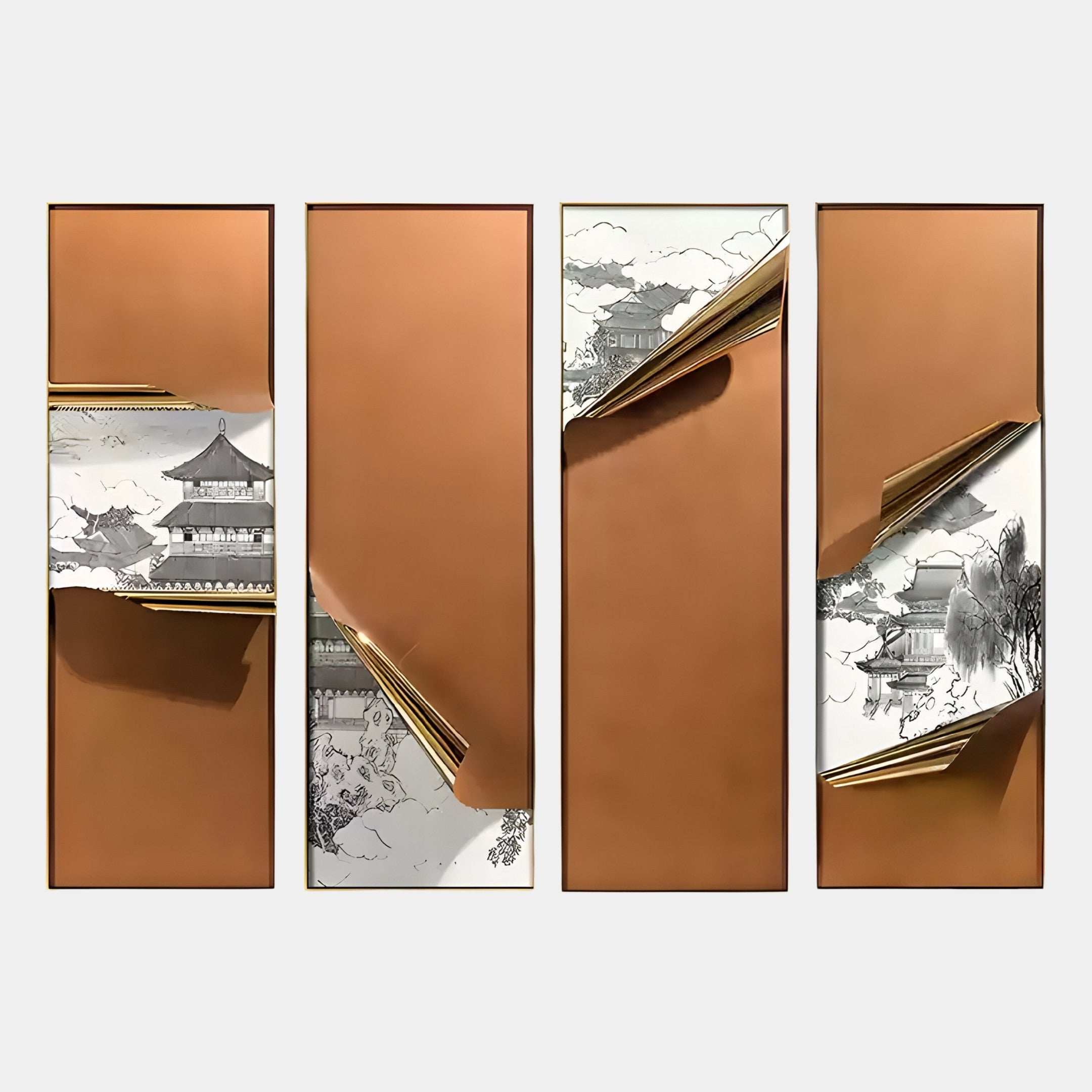 Cuvora 4-Panel Imperial Pavilion Leather 3D Wall Art