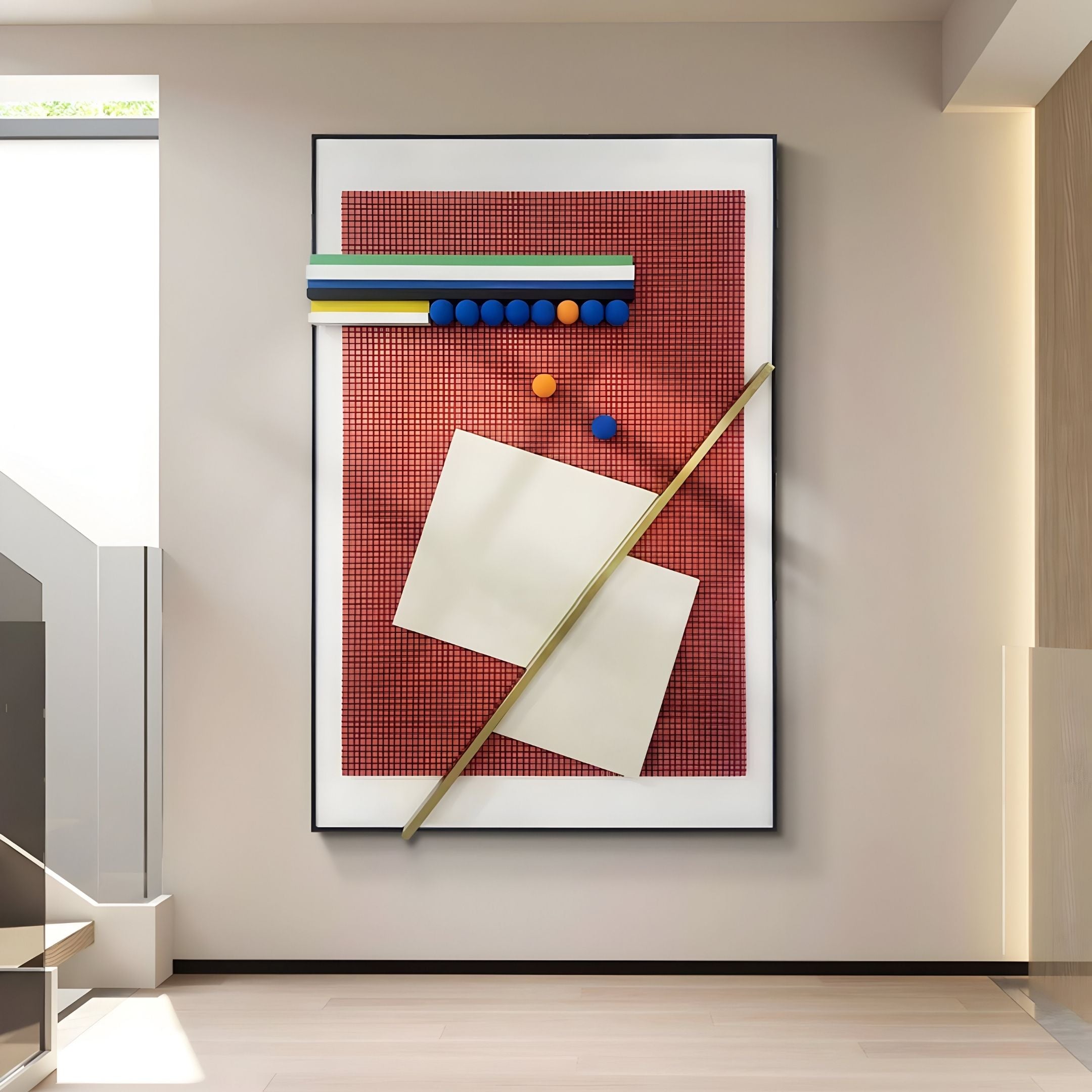 Grivaro Red Grid & Cream Panel Sphere Leather 3D Wall Art