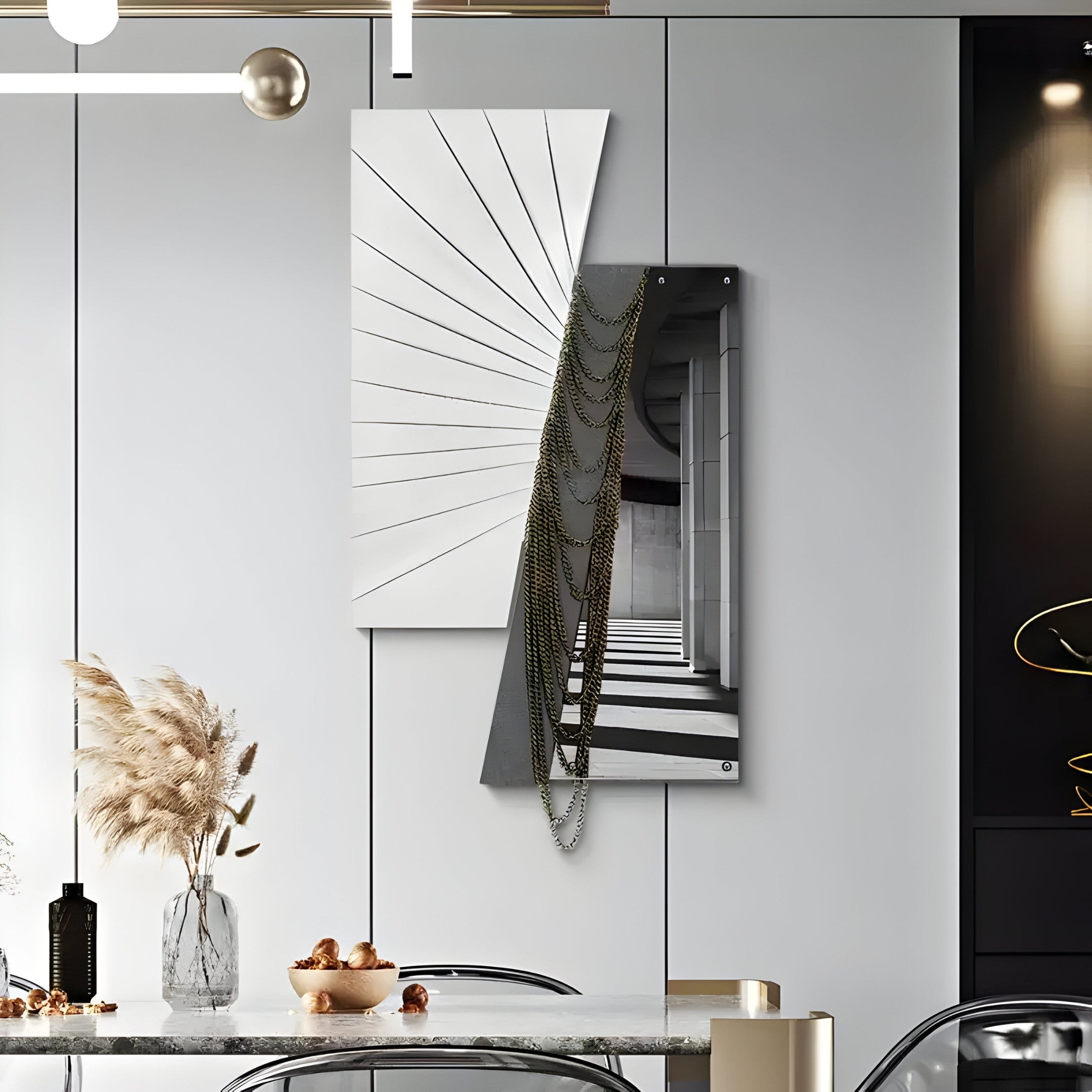 Urbis Black & White Columns Chain Leather 3D Wall Art