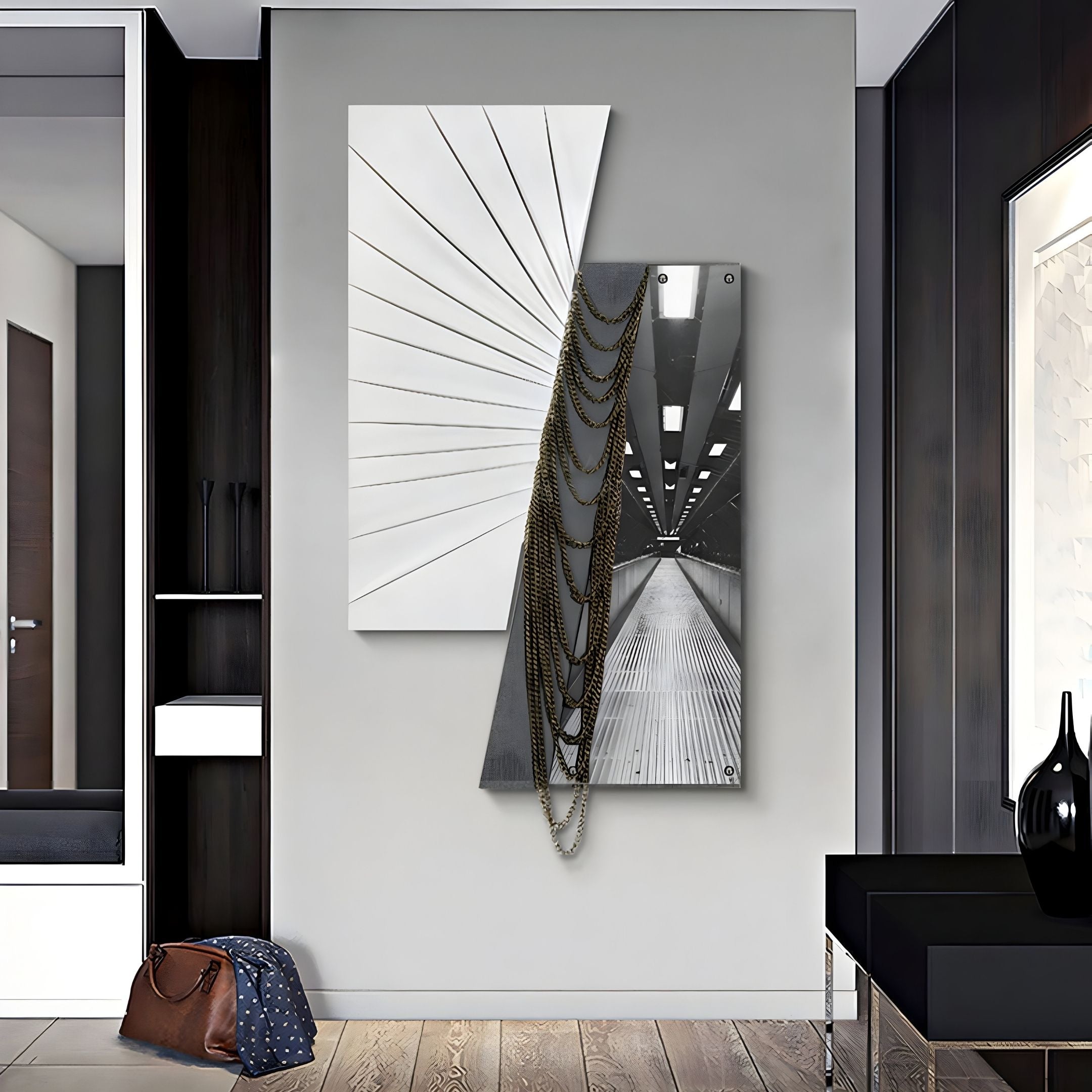 Urbis Black & White Tunnel Chain Leather 3D Wall Art