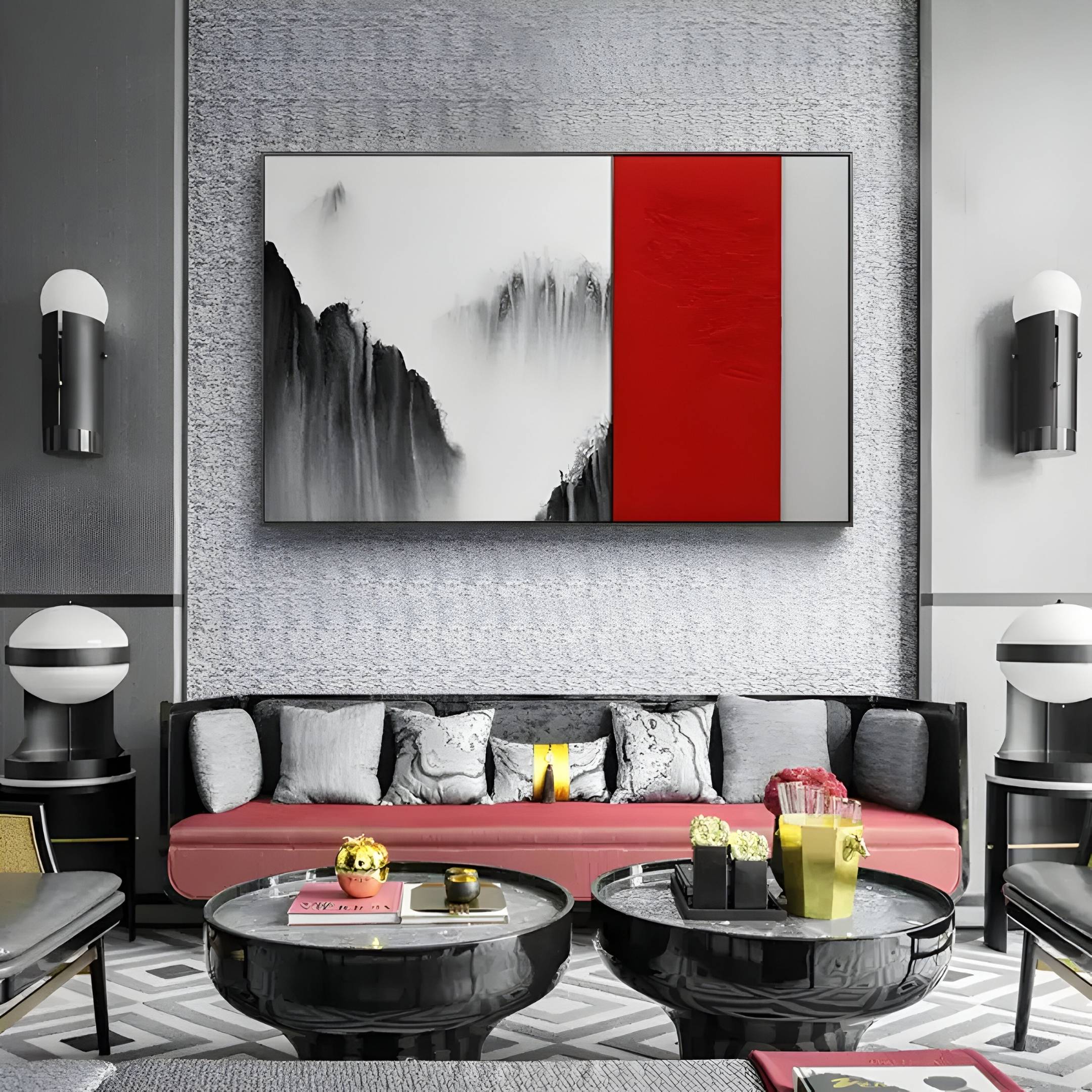 Ryushin Waterfall Mist Red Leather Carving 3D Wall Art
