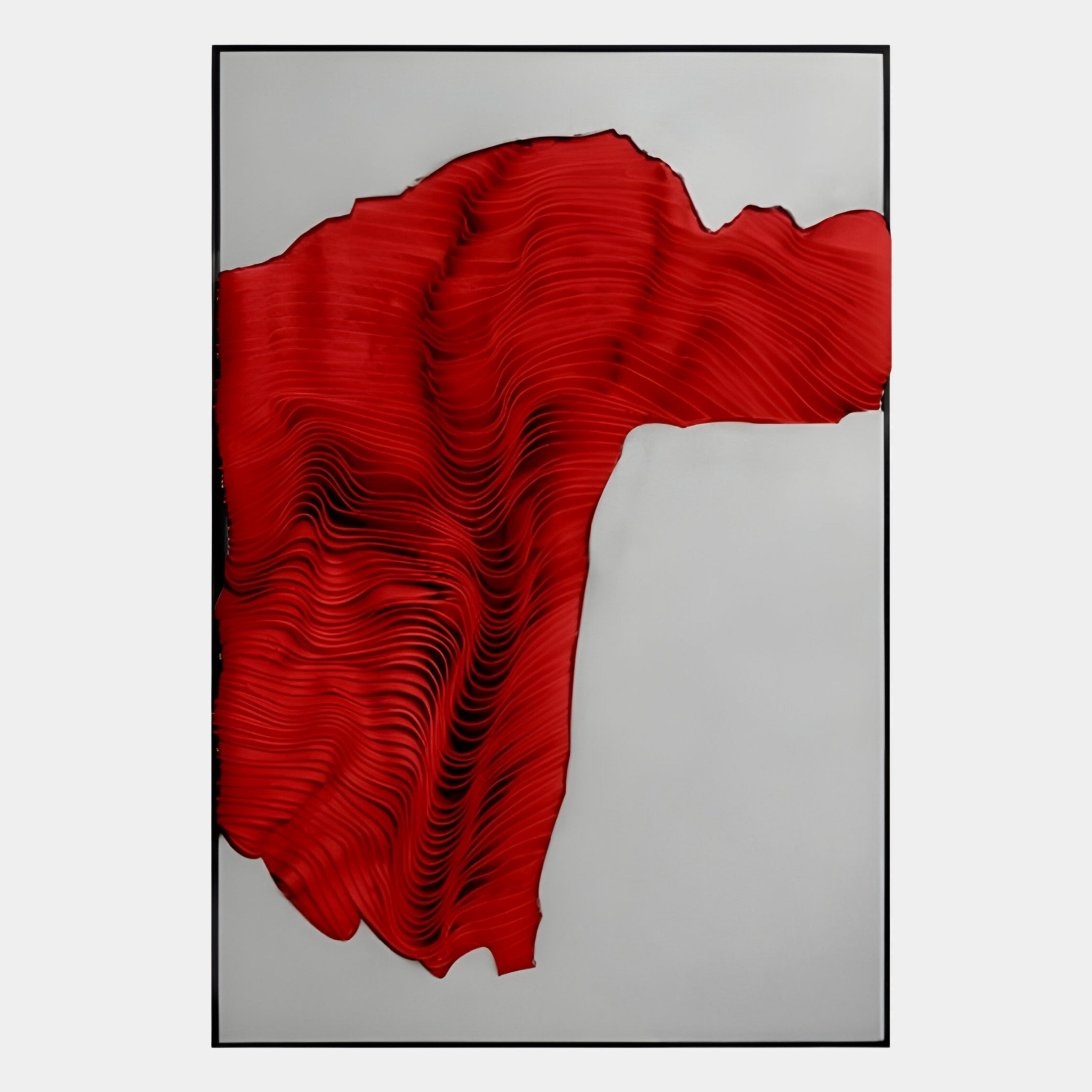 The Ravelle Red Contour Felt 3D Relief Wall Art by Giant Sculptures features layered, wavy red forms on a light gray background in a slim black frame, creating striking depth and movement on your wall.