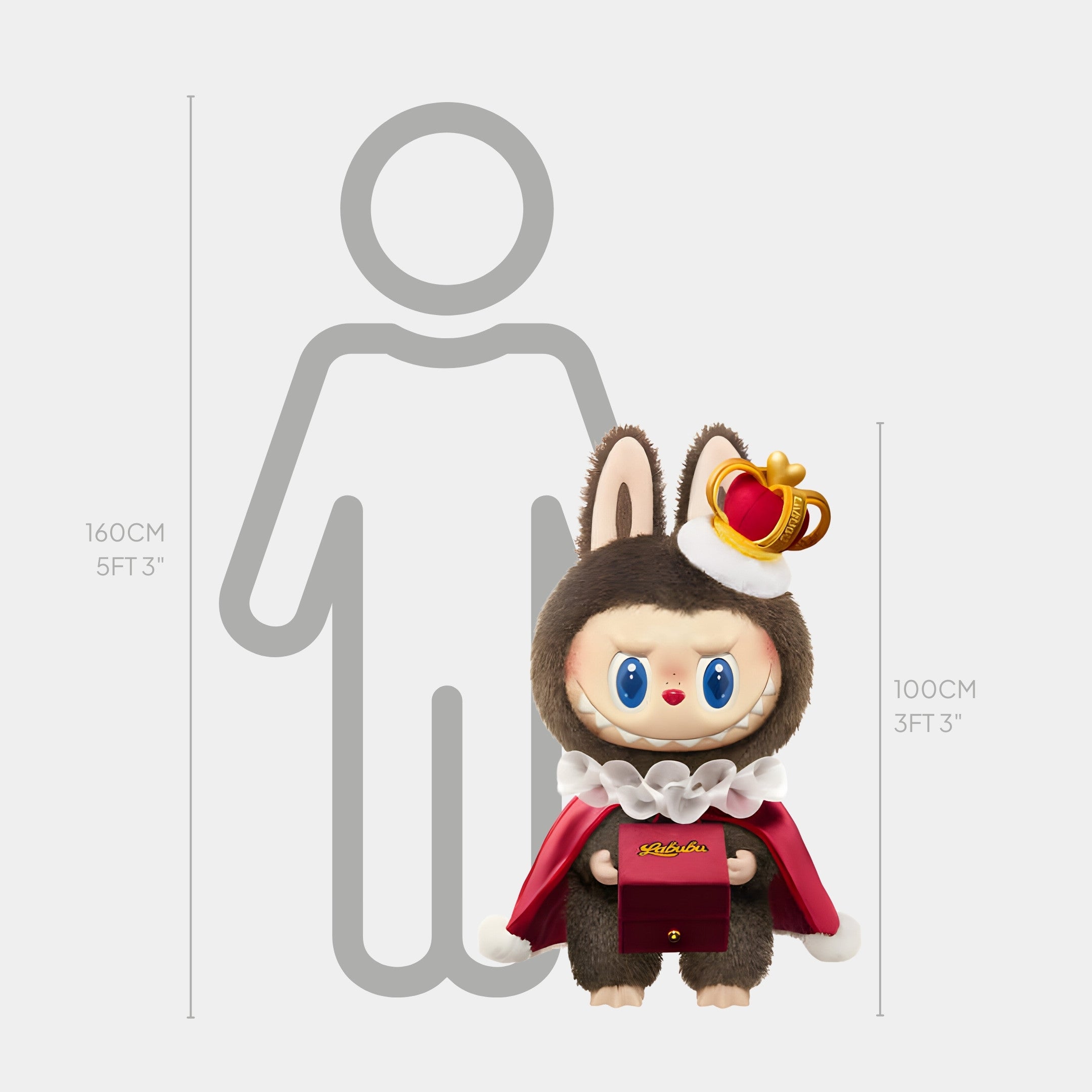 The Monster Lets Checkmate Box Labubu Sculpture by Giant Sculptures stands 100 cm tall, dressed in a royal costume with bunny ears, red cape, crown, and faux-fur hood—smaller than the 160 cm silhouette shown for comparison.