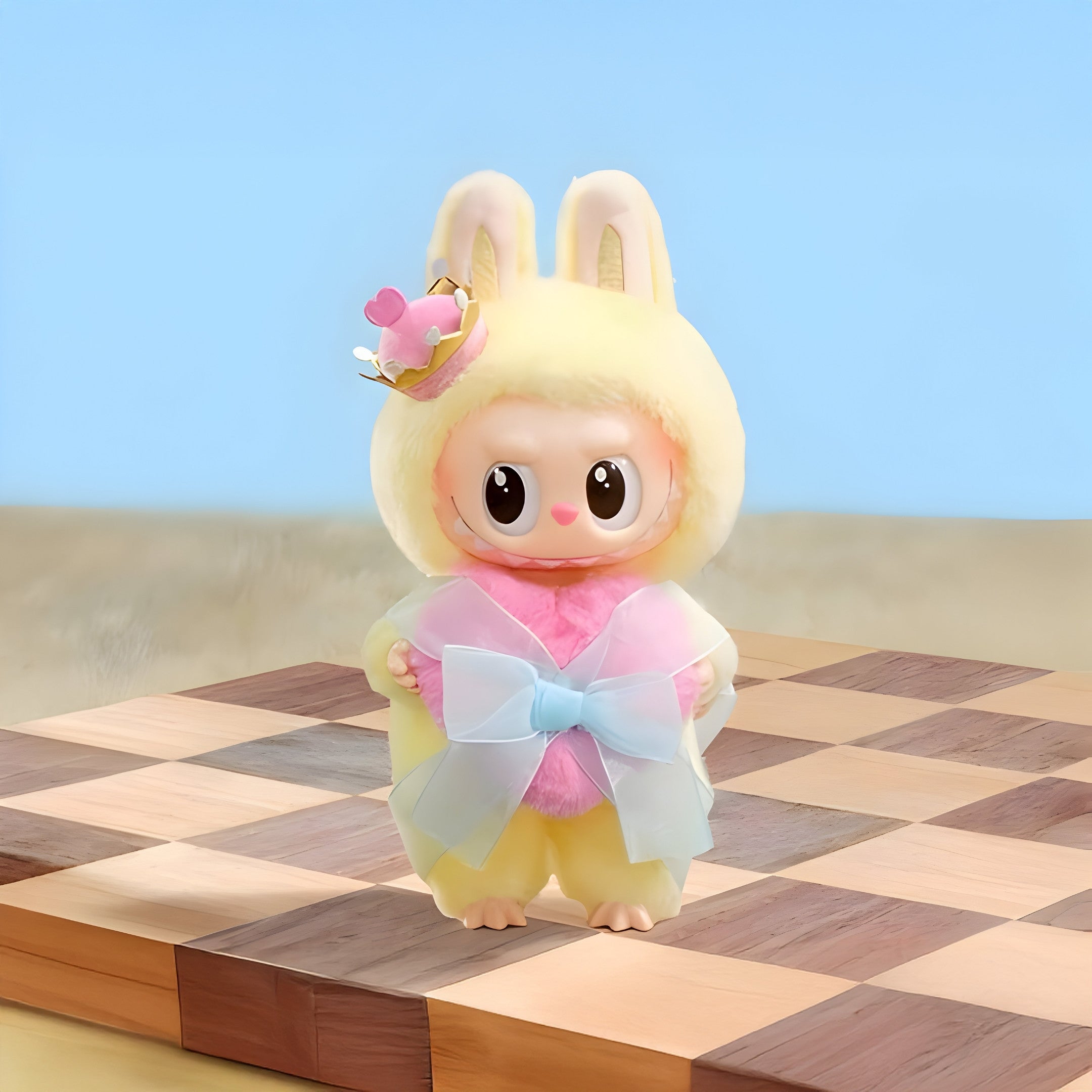 The Monster Checkmate Heart Labubu Sculpture - 100cm by Giant Sculptures features a cute Labubu in a fluffy yellow bunny costume with rabbit ears, holding a pink heart pillow with blue ribbon, standing on a chessboard under a blue sky.