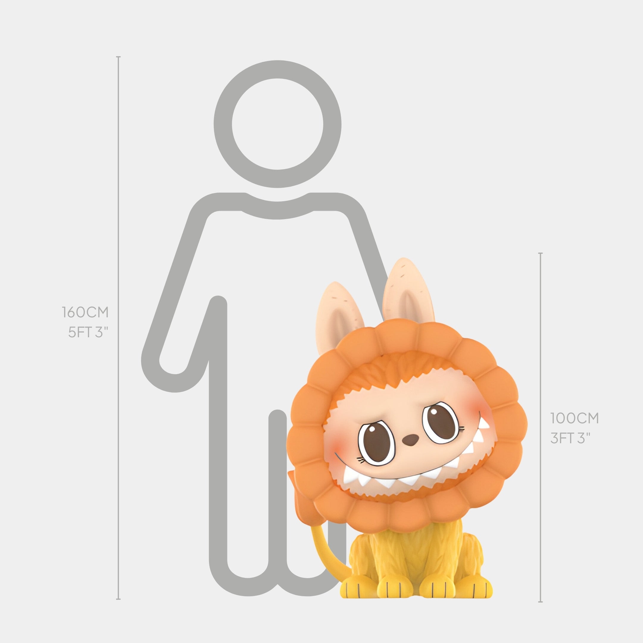 The Animal Lion Labubu Sculpture - 100cm by Giant Sculptures features a cute, lion-like character standing before a height chart—perfect for whimsical, playful indoor displays beside a 160 cm human outline.
