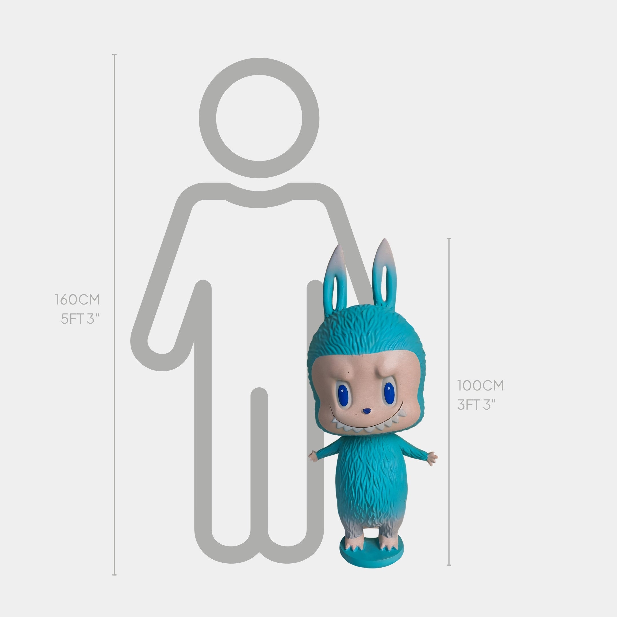 The Little Monster Blue Labubu Sculpture - 100cm by Giant Sculptures is a playful blue and gray cartoon figure, standing 100 cm tall next to a 160 cm outline for scale.