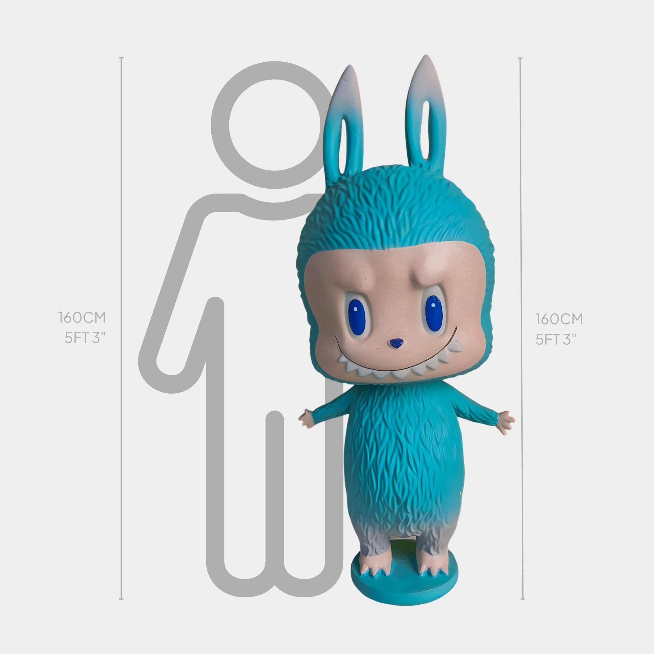 The Little Monster Blue Labubu Sculpture by Giant Sculptures is a blue and white fibreglass figure with bunny ears, standing about waist-high next to a 160 cm silhouette—perfect as a quirky statement piece for your interior.