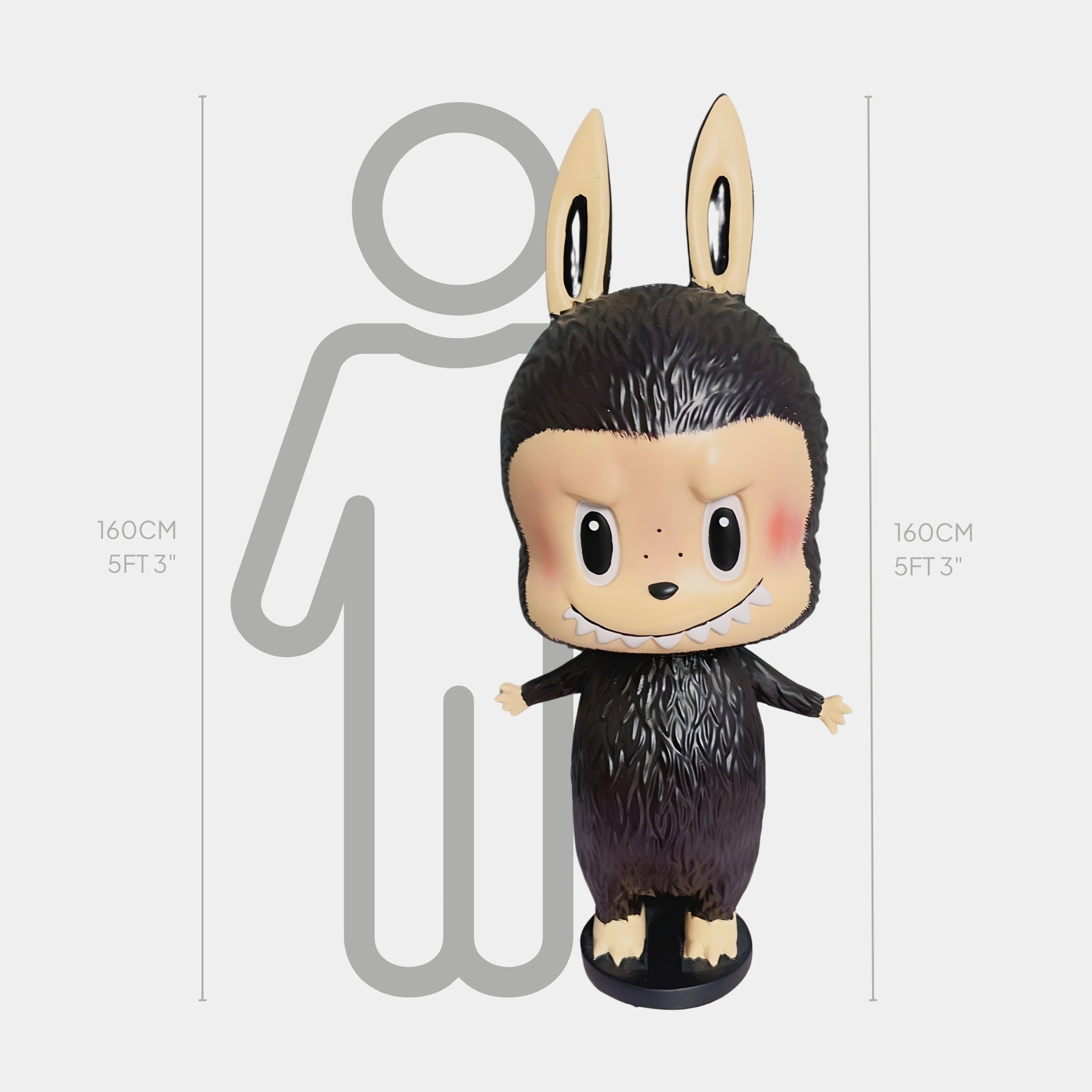 The Little Monster Brown Labubu Sculpture - 160cm by Giant Sculptures is a large, cartoonish fibreglass piece with a big head, bunny ears, and dark fur, shown next to a 160 cm (5 ft 3 in) person to highlight its impressive height.