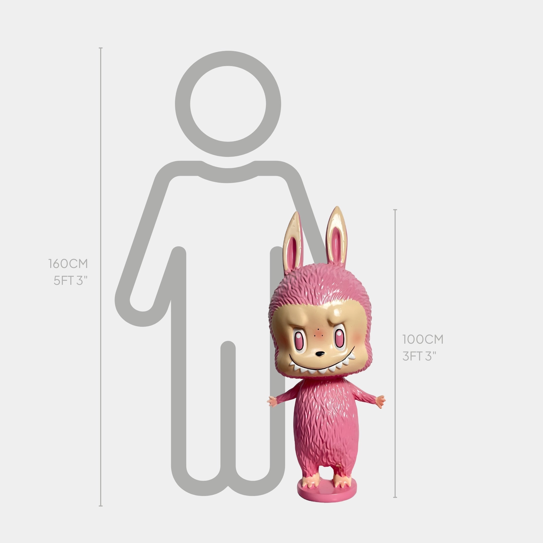 The Little Monster Pink Labubu Sculpture - 100cm by Giant Sculptures stands beside a 160cm (5ft 3in) outline for scale. This playful fibreglass piece is perfect for interior decor.