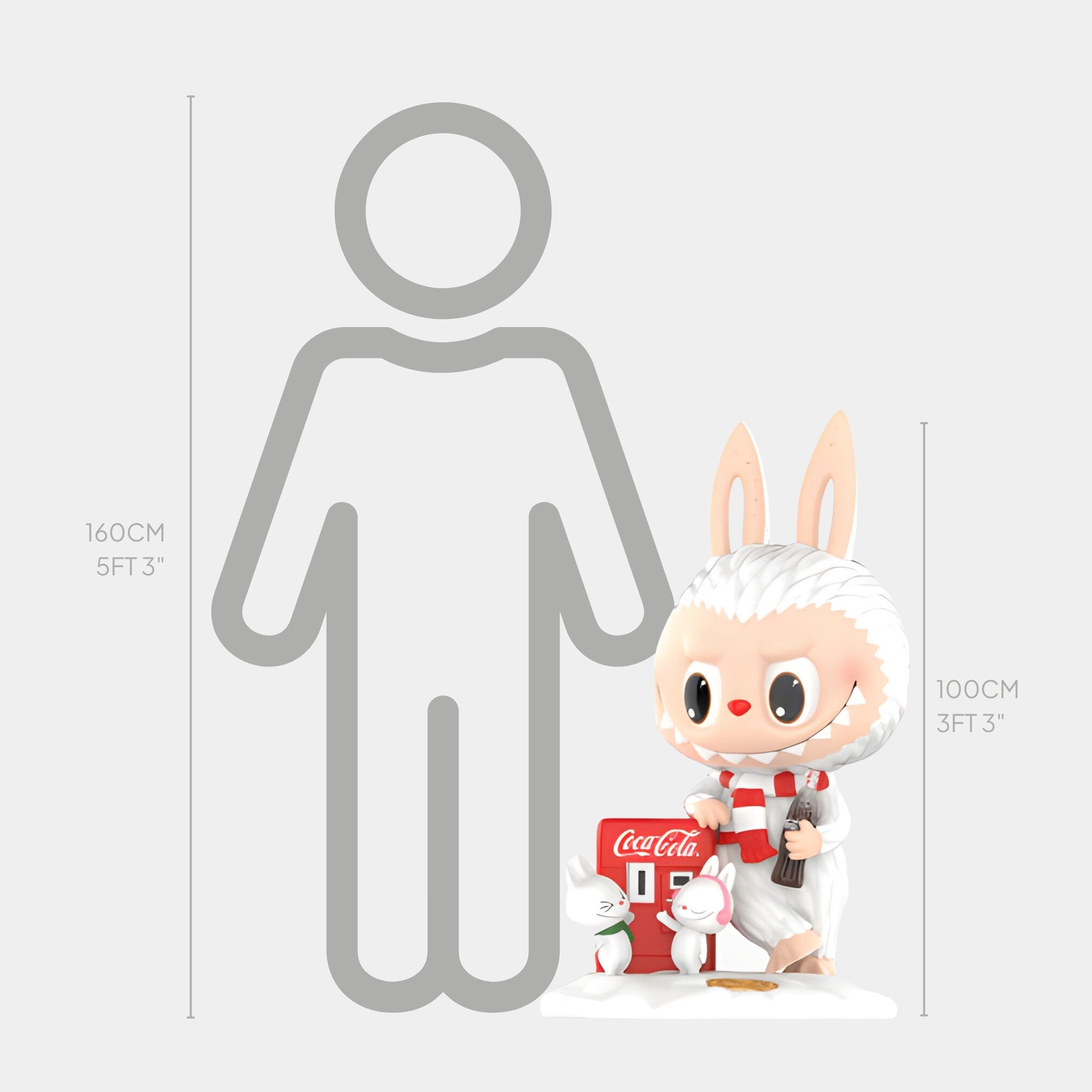 The Little Snowman Coca-Cola Labubu Sculpture (100cm) by Giant Sculptures features a white, rabbit-eared Labubu with two small rabbits beside a red Coca-Cola vending machine, shown next to a 160cm human for height reference.