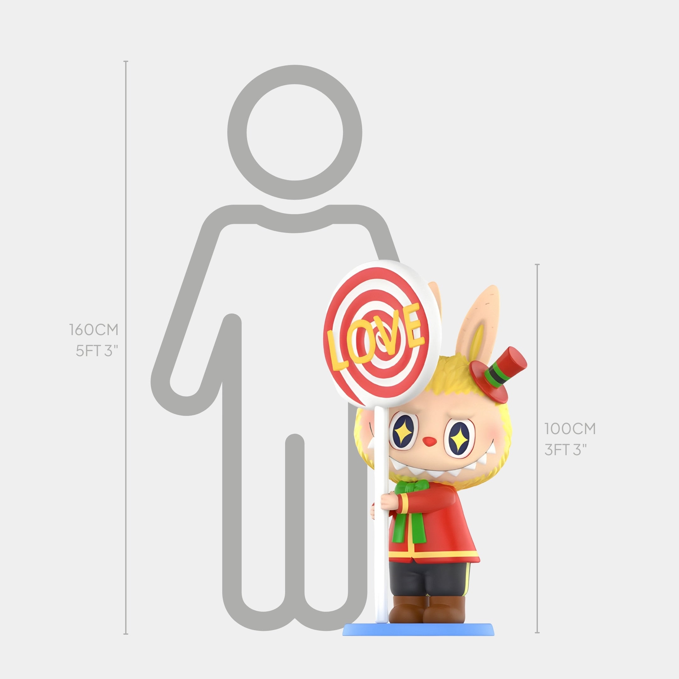 The Giant Sculptures Lollipop Candy Labubu Sculpture - 100cm features a vibrant fibreglass bunny holding a LOVE lollipop, shown beside a 160cm silhouette, and is adorned with playful, charming details.