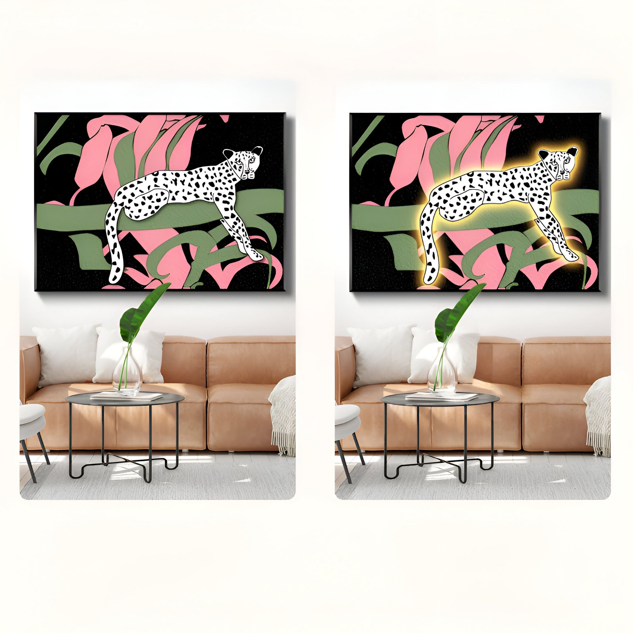 In two modern living rooms, identical Giant Sculptures Juniper I Botanical Escape 3D LED wall art pieces feature abstract leopards with green and pink foliage on black. Each room has a brown sofa, a plush rug, and a round table with a plant.