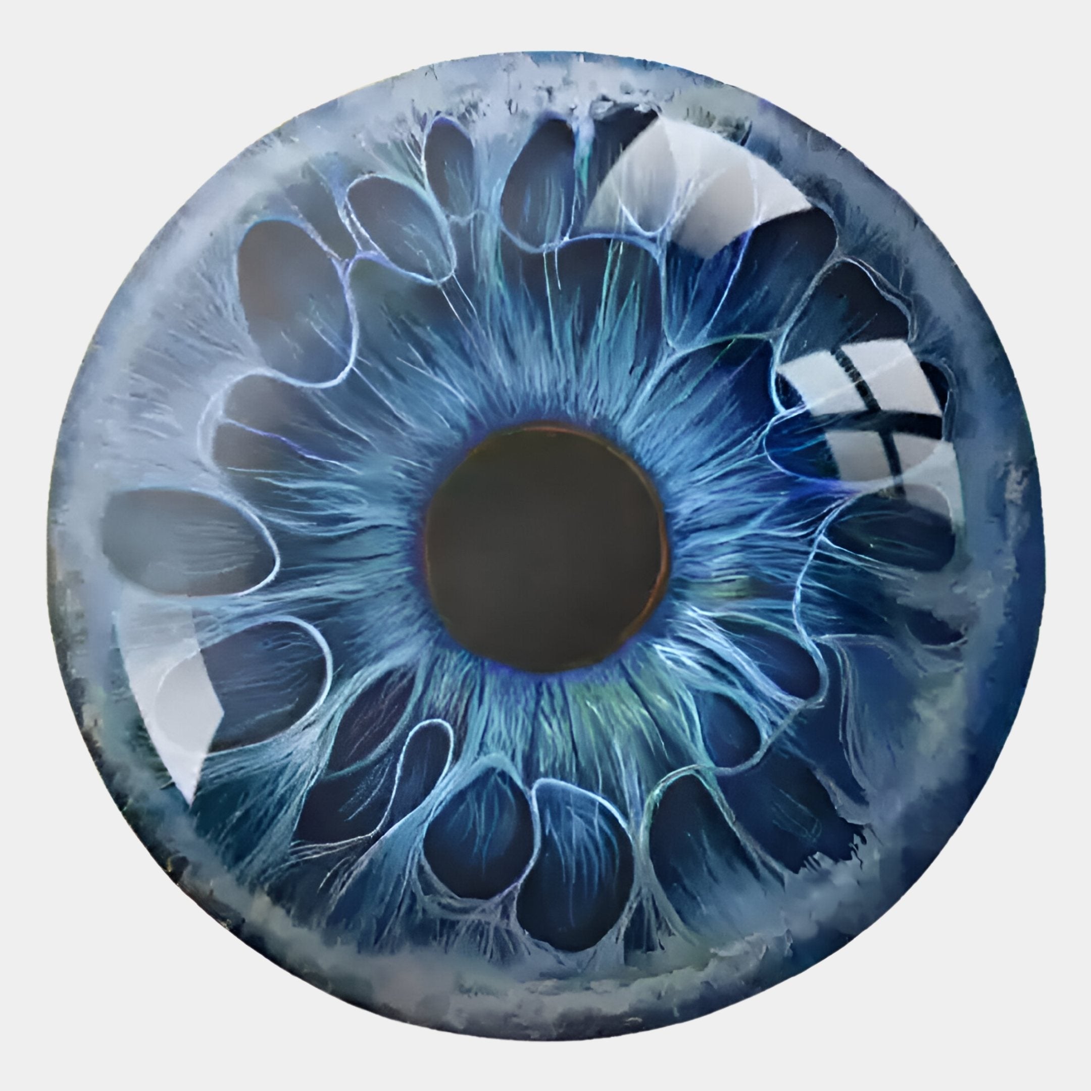 A close-up of a blue iris, featuring intricate patterns and light reflections—reminiscent of the Genesis Azure 3D Resin Crystal Porcelain LED Wall Art by Giant Sculptures.