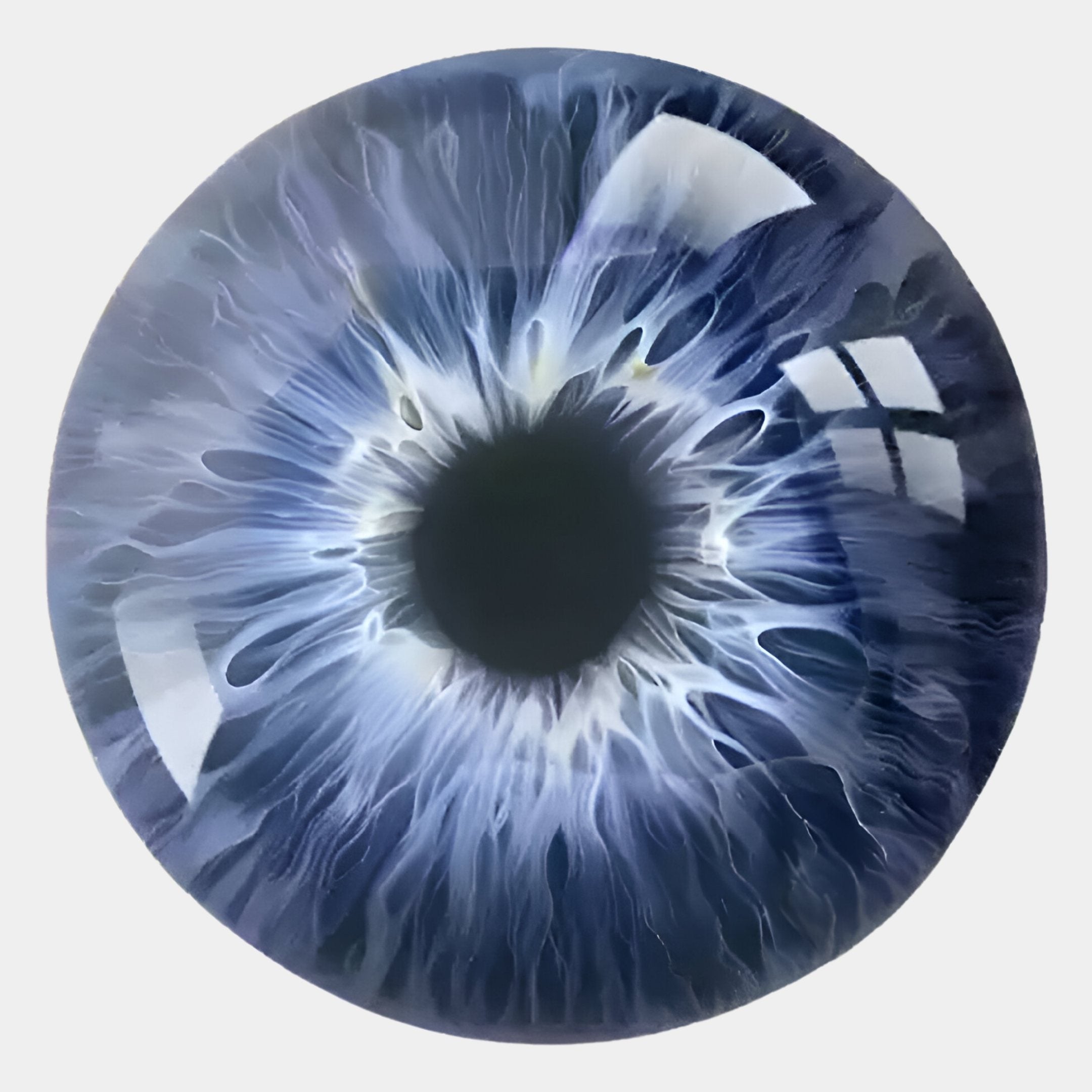 The Genesis Starlight 3D Resin Crystal Porcelain LED Wall Art by Giant Sculptures features a close-up of a blue eye with white and blue streaks radiating from the black center, illuminated by LEDs to highlight its intricate crystal porcelain details.