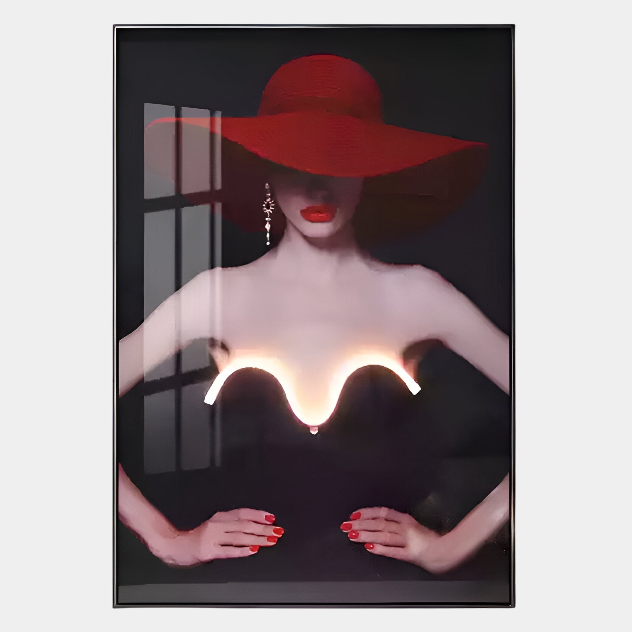Illuminated by energy-efficient LED light, a woman in a large red hat and black strapless dress stands confidently. Window shadows enhance the allure of Giant Sculptures Elysian Striking Glow 3D LED Wall Art in the dark background.