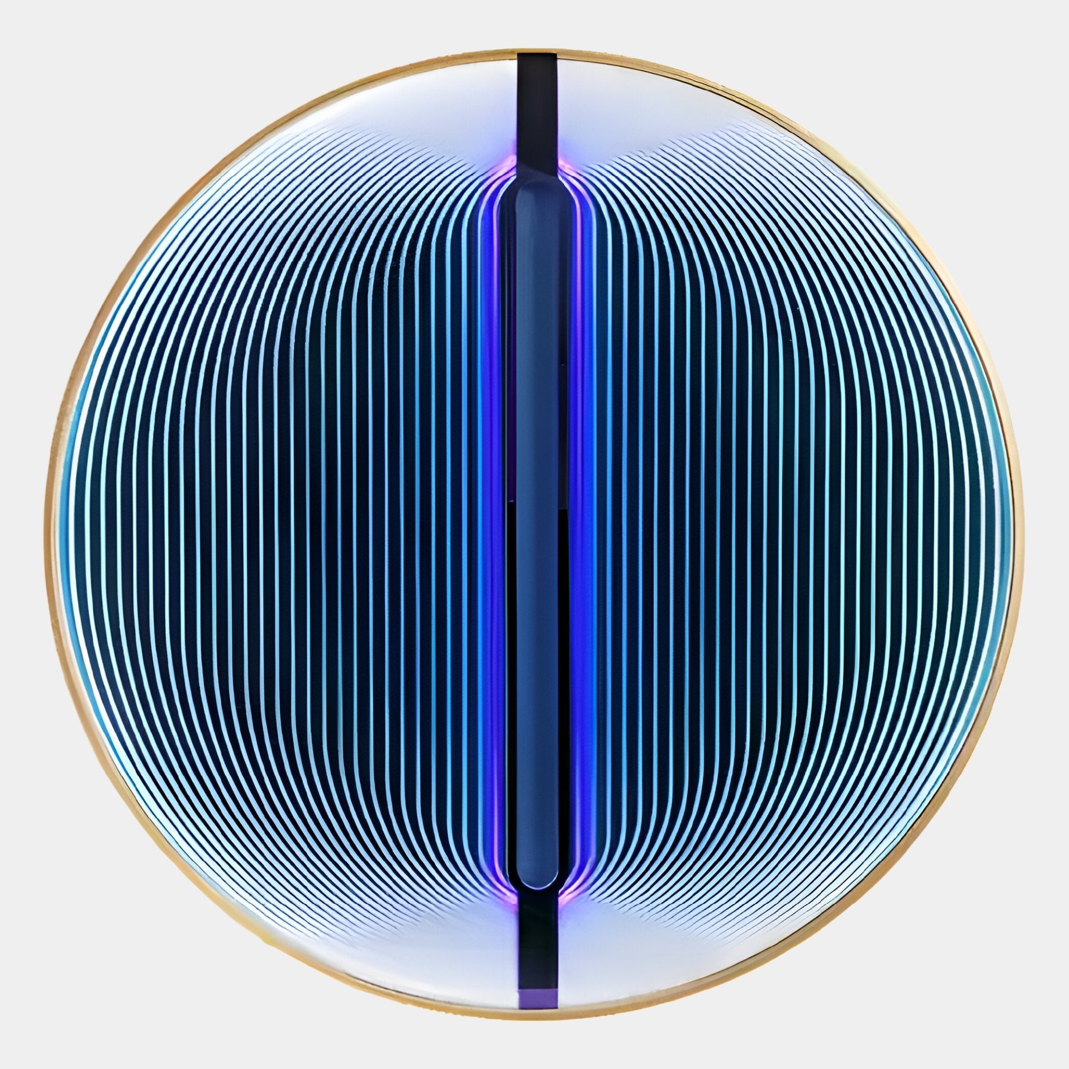 The Onyx Orchid Bloom Acrylic 3D LED Wall Art by Giant Sculptures features concentric blue and white lines, a gold rim, and a vertical LED bar with purple-blue hues for a futuristic, abstract look.
