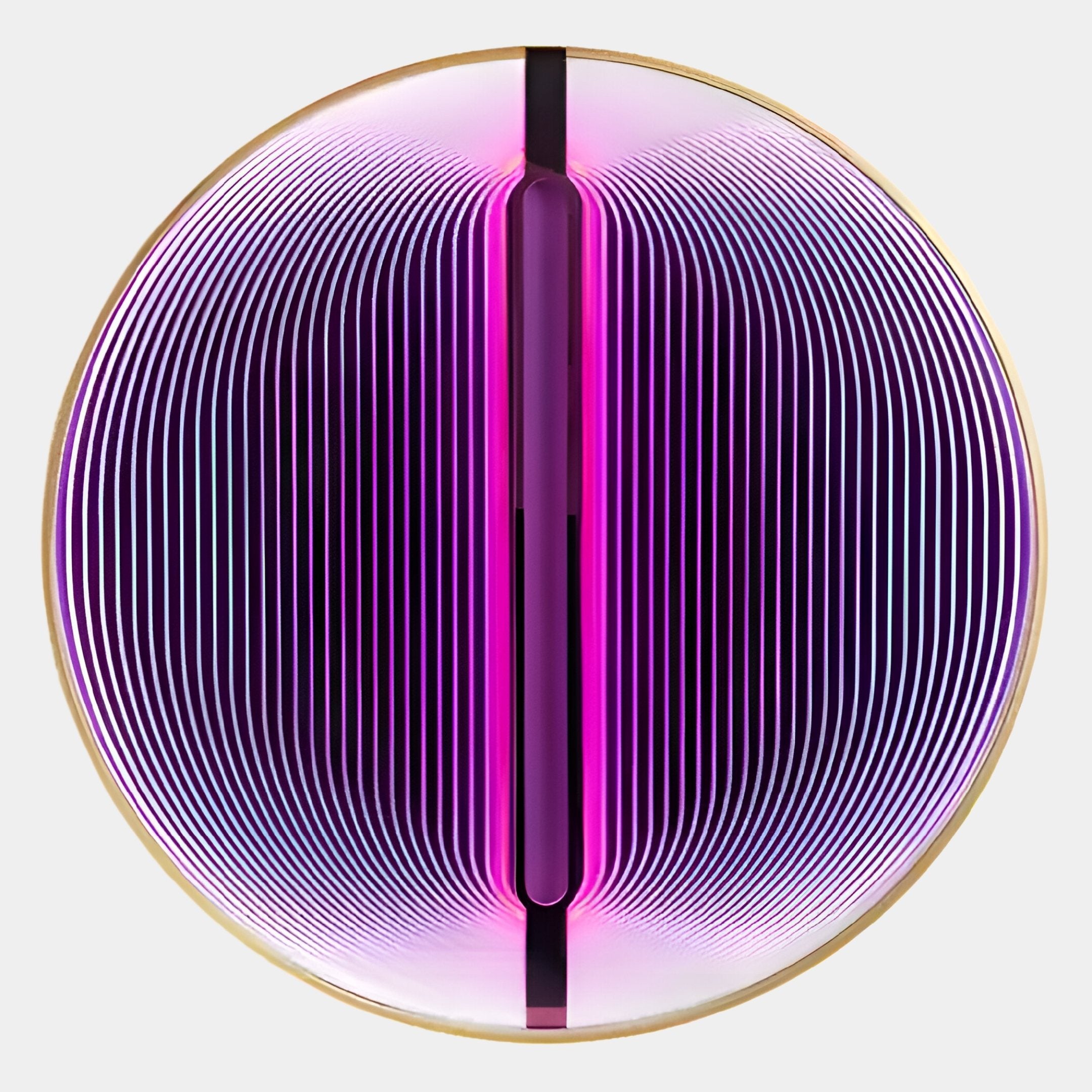 The Onyx Sapphire Depth Acrylic 3D LED Wall Art by Giant Sculptures showcases concentric curved white lines on a vivid pink and purple backdrop with a central vertical reflective bar, capturing modern allure in stunning 3D.