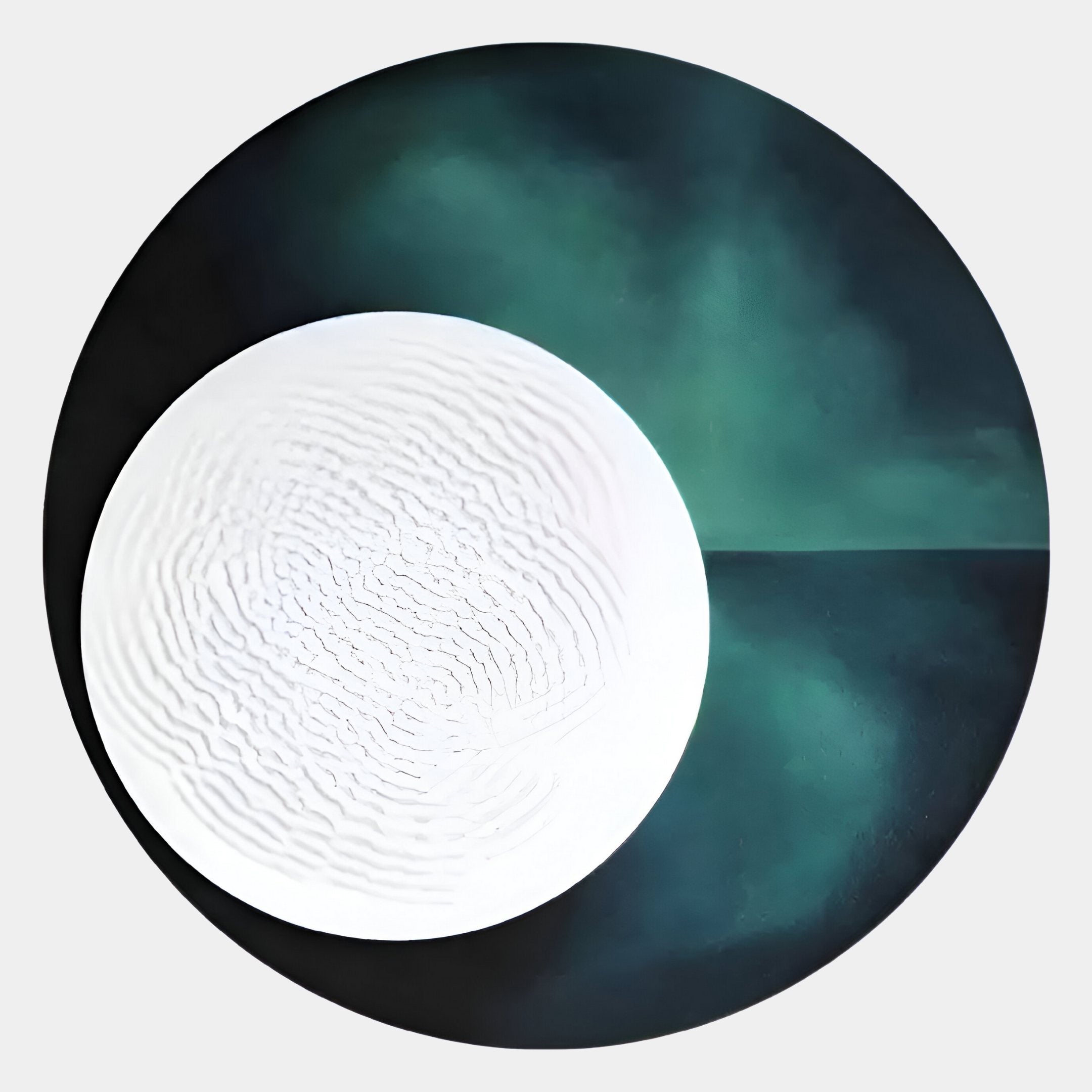 The Flaria Emerald 3D LED Wall Art Geometric Sandstone by Giant Sculptures features a large white textured circle with sandstone details set against a dark green and black backdrop, highlighting the vivid raised patterns over a smooth, moody surface.