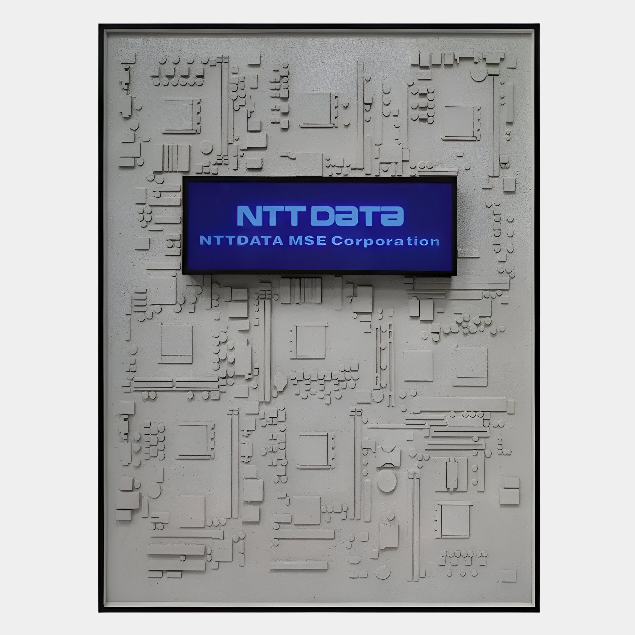 The Illume Techscape 3D LED Wall Art by Giant Sculptures features a blue-lit NTT DATA NTT DATA MSE Corporation sign on a textured techscape background, creating a bold, modern tech vibe.