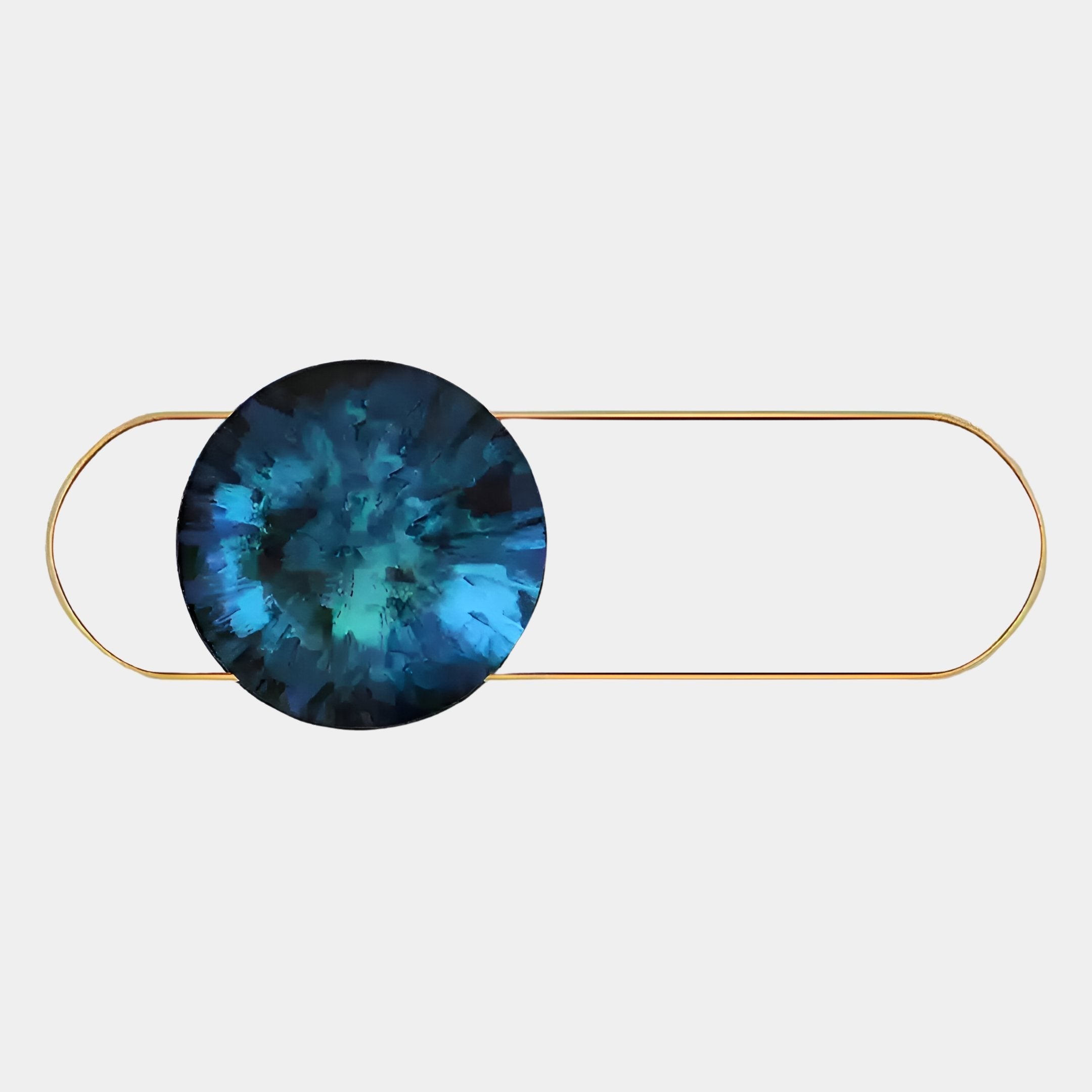 The Vitreon Sapphire Flat Crystal Porcelain With Gold Accent Wall Art by Giant Sculptures showcases a large, round blue marbled crystal centerpiece with gold accents, displayed on a plain white background.