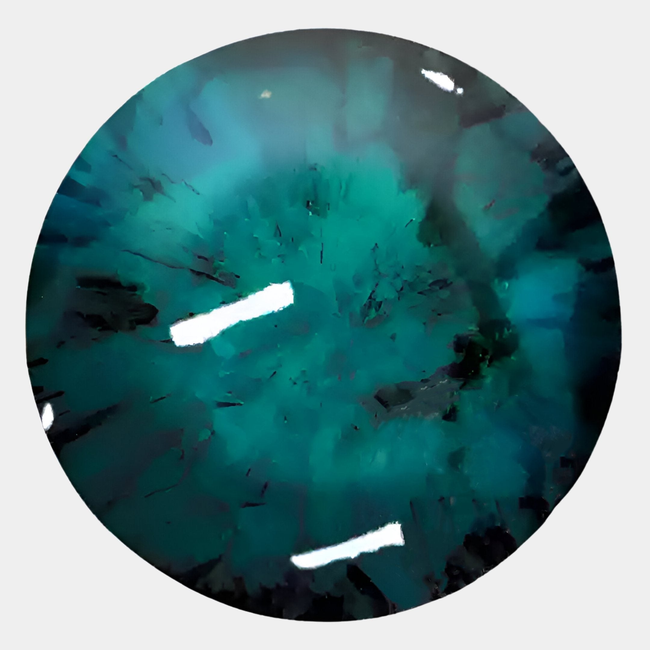 The Vitreon 3D Emerald Crystal Porcelain Wall Art by Giant Sculptures features a round, teal-blue gemstone with radiant crystalline details and reflective highlights—ideal wall art for lovers of green hues.