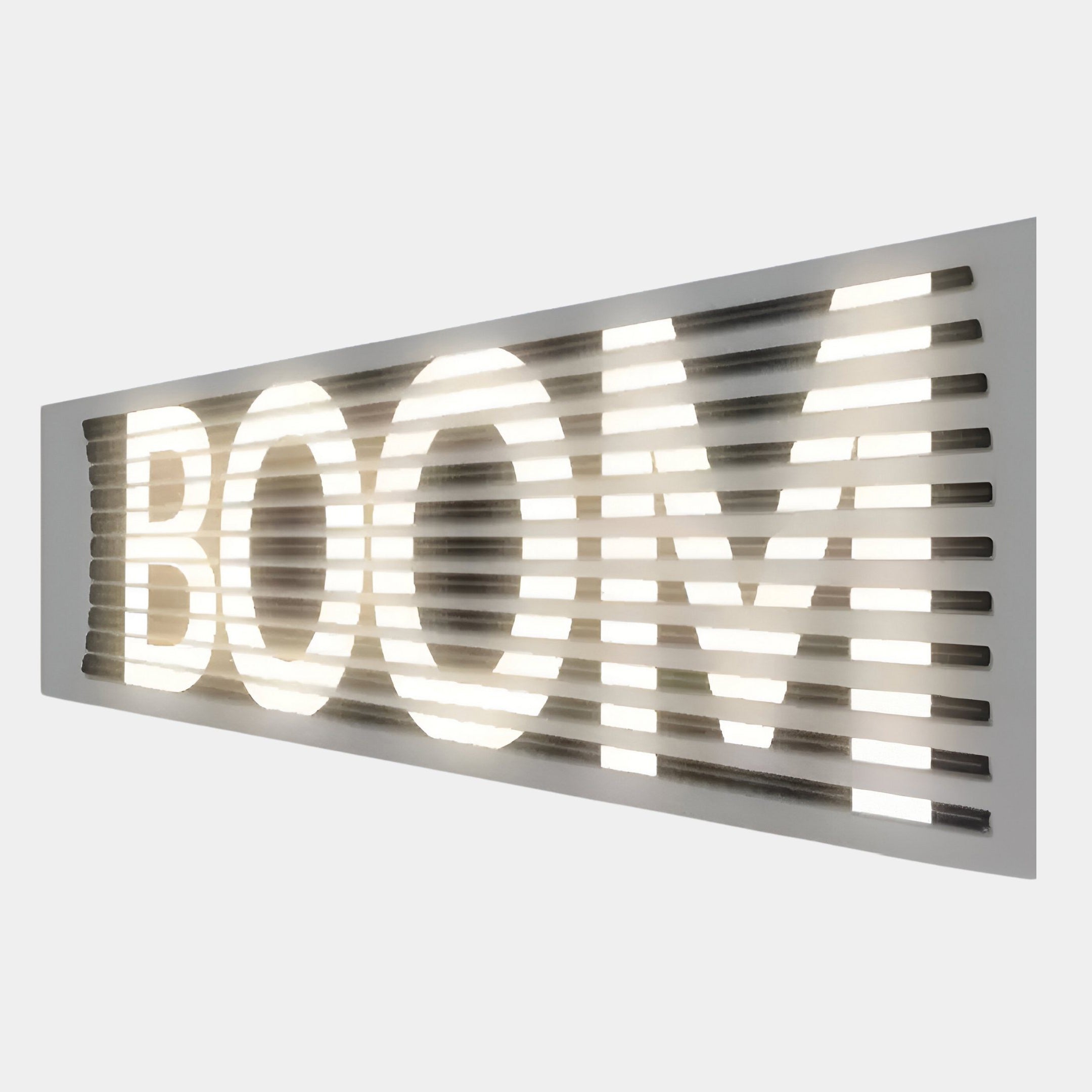 The Aurova I Industrial Glow 3D LED Wall Art by Giant Sculptures features a bold BOOM in white on horizontal slats, wall-mounted with minimalist design and warm white ambient lighting against a neutral backdrop.